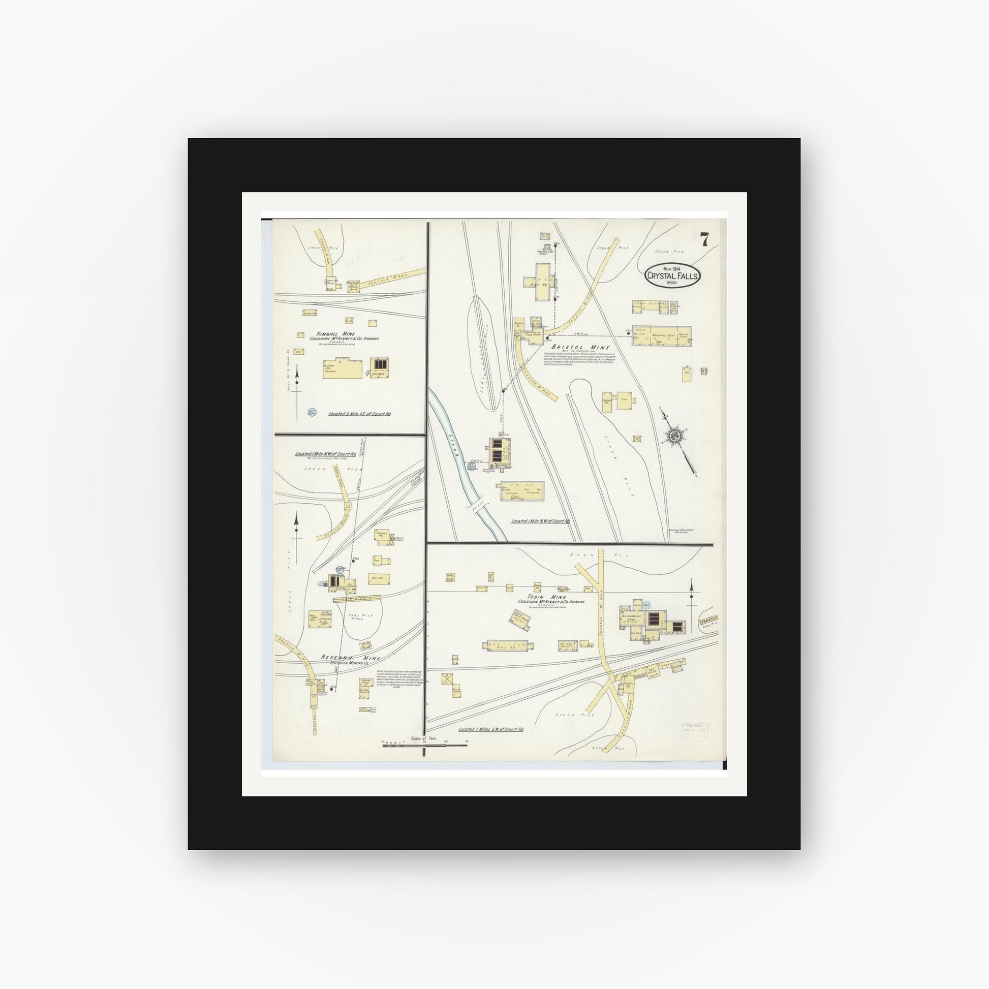 Old map wall art mockup — black gallery frame with white mat — Sanborn Fire Insurance Map from Crystal Falls, Iron County, Michigan (1914), Sheet #0007