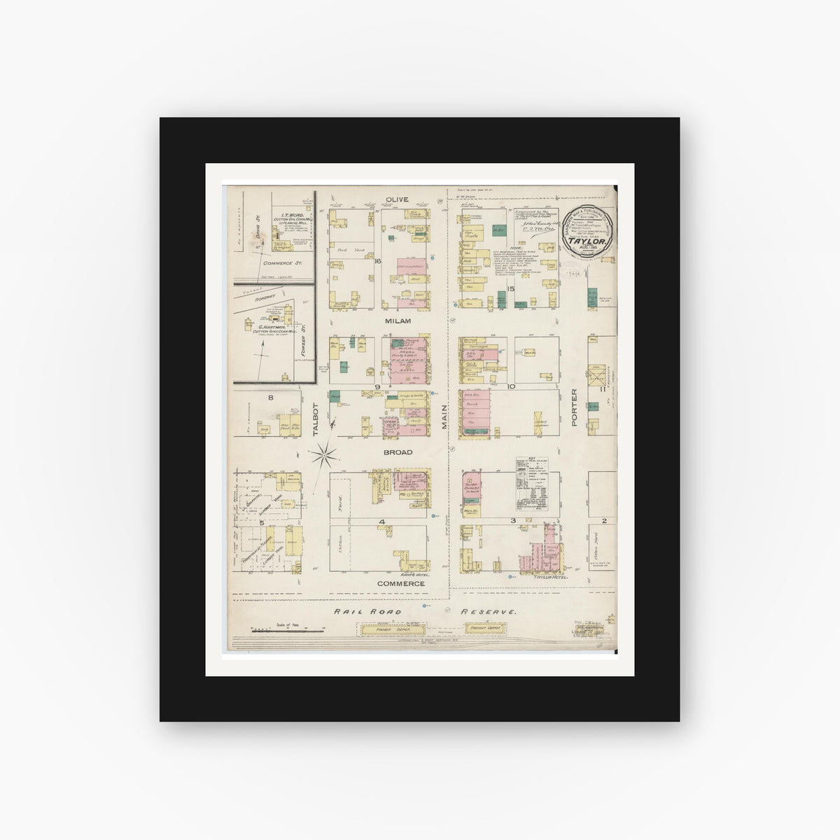 Old map wall art mockup — black gallery frame with white mat — Sanborn Fire Insurance Map from Taylor, Williamson County, Texas (1885), Sheet #0001