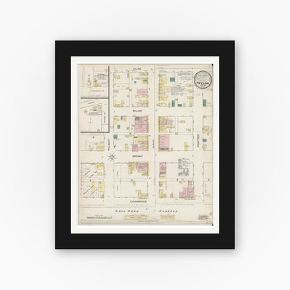 Old map wall art mockup — black gallery frame with white mat — Sanborn Fire Insurance Map from Taylor, Williamson County, Texas (1885), Sheet #0001