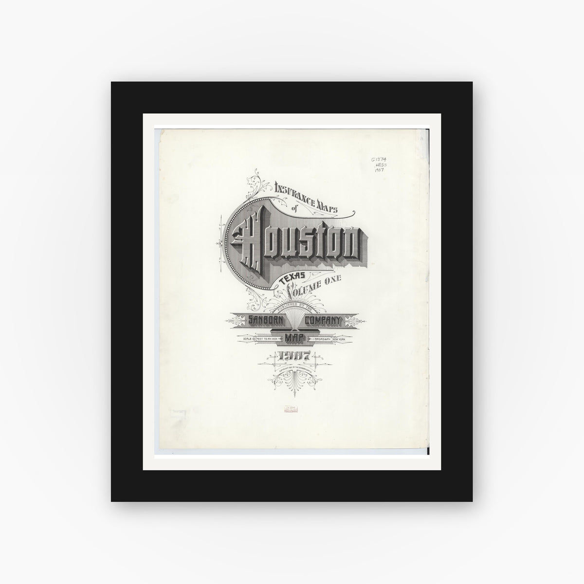 Old map wall art mockup — black gallery frame with white mat — Sanborn Fire Insurance Map from Houston, Harris County, Texas (1907) - Complete Map Set