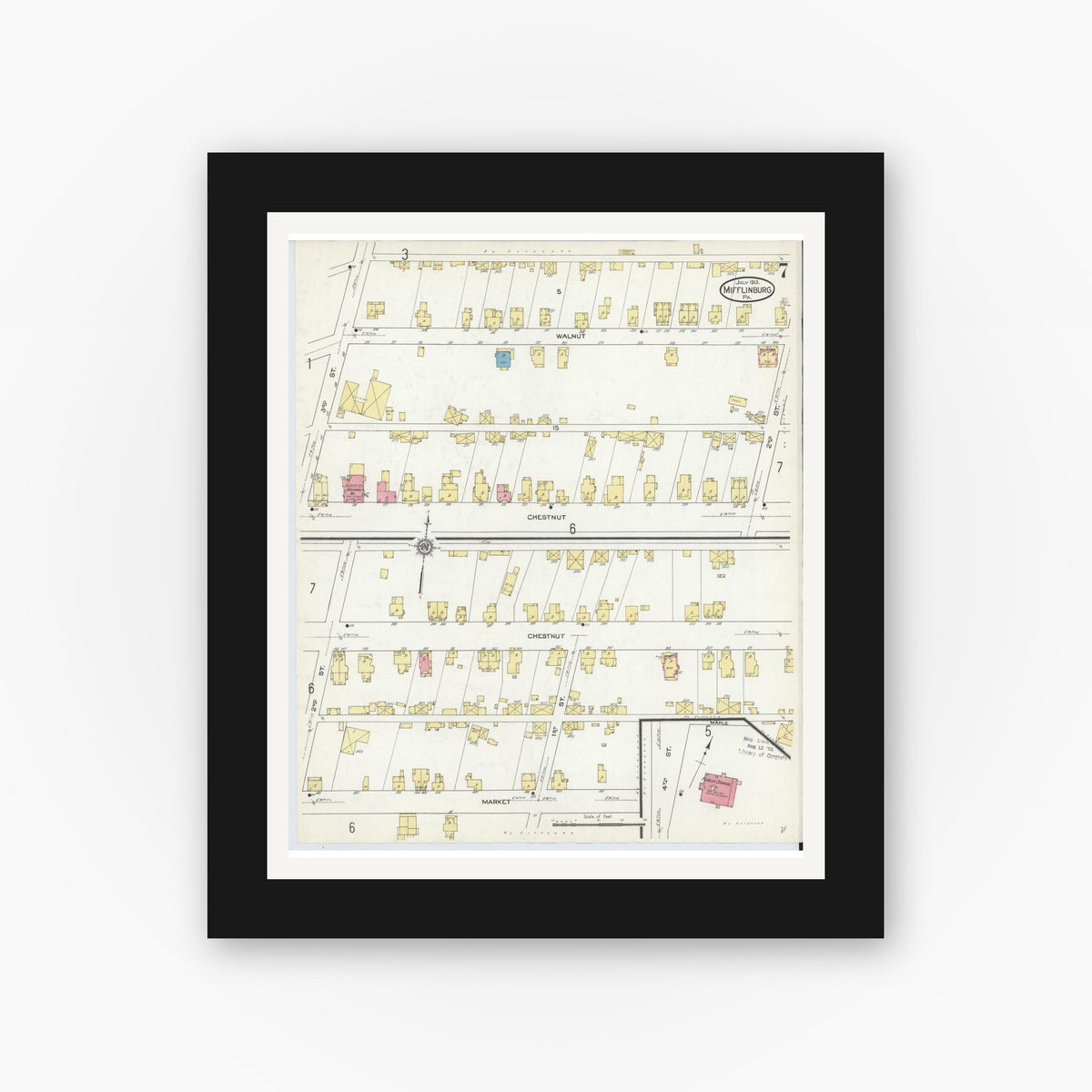 Old map wall art mockup — black gallery frame with white mat — Sanborn Fire Insurance Map from Mifflinburg, Union County, Pennsylvania (1913), Sheet #0007