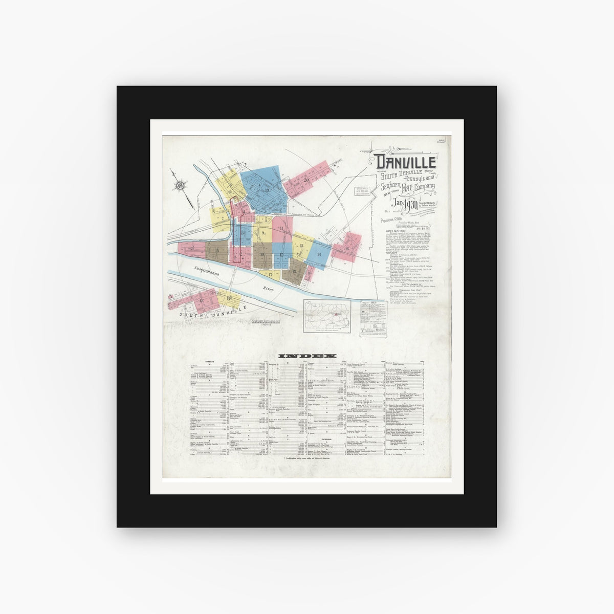 Old map wall art mockup — black gallery frame with white mat — Sanborn Fire Insurance Map from Danville, Montour County, Pennsylvania (1930) - Complete Map Set