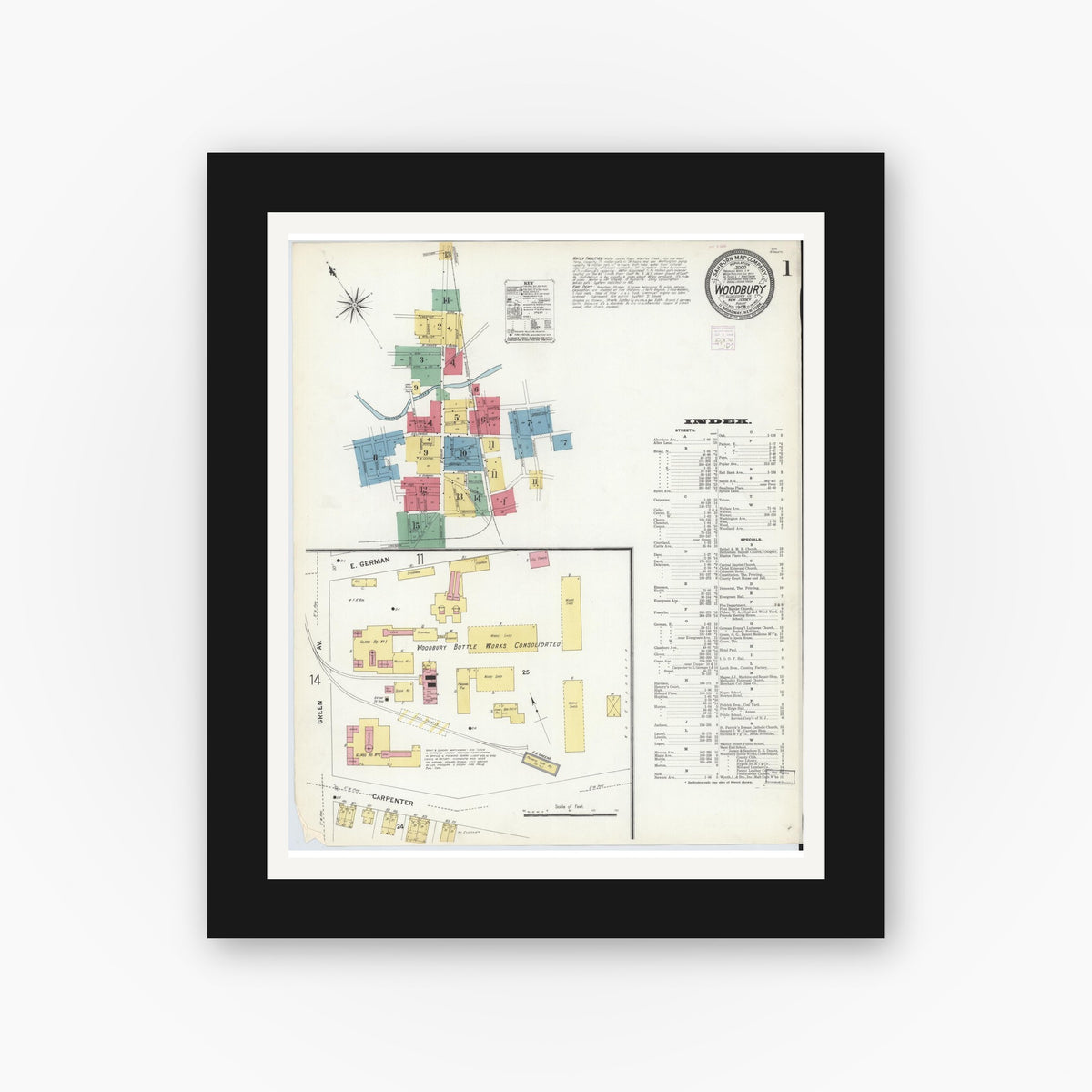 Old map wall art mockup — black gallery frame with white mat — Sanborn Fire Insurance Map from Woodbury, Gloucester County, New Jersey (1908), Sheet #0001