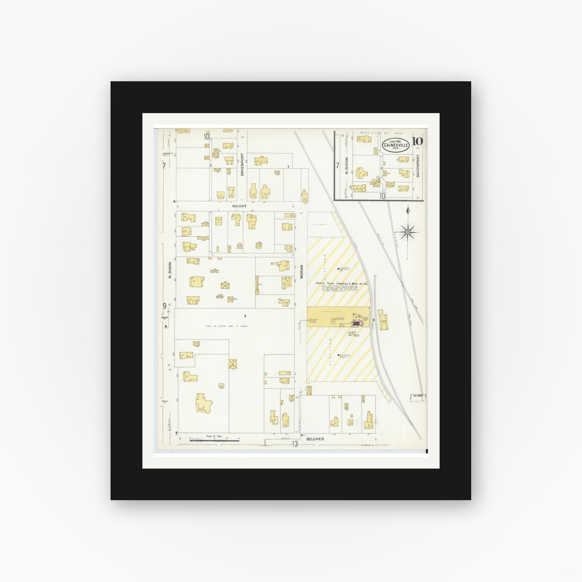 Old map wall art mockup — black gallery frame with white mat — Sanborn Fire Insurance Map from Gainesville, Cooke County, Texas (1908), Sheet #0010