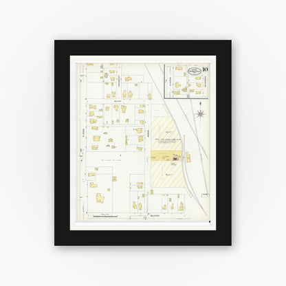 Old map wall art mockup — black gallery frame with white mat — Sanborn Fire Insurance Map from Gainesville, Cooke County, Texas (1908), Sheet #0010