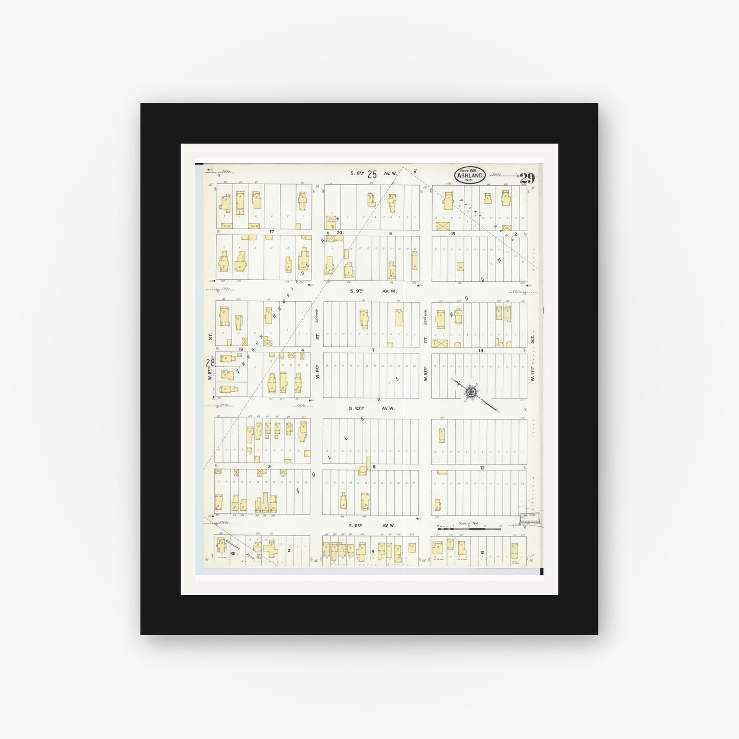 Old map wall art mockup — black gallery frame with white mat — Sanborn Fire Insurance Map from Ashland, Ashland County, Wisconsin (1909), Sheet #0029