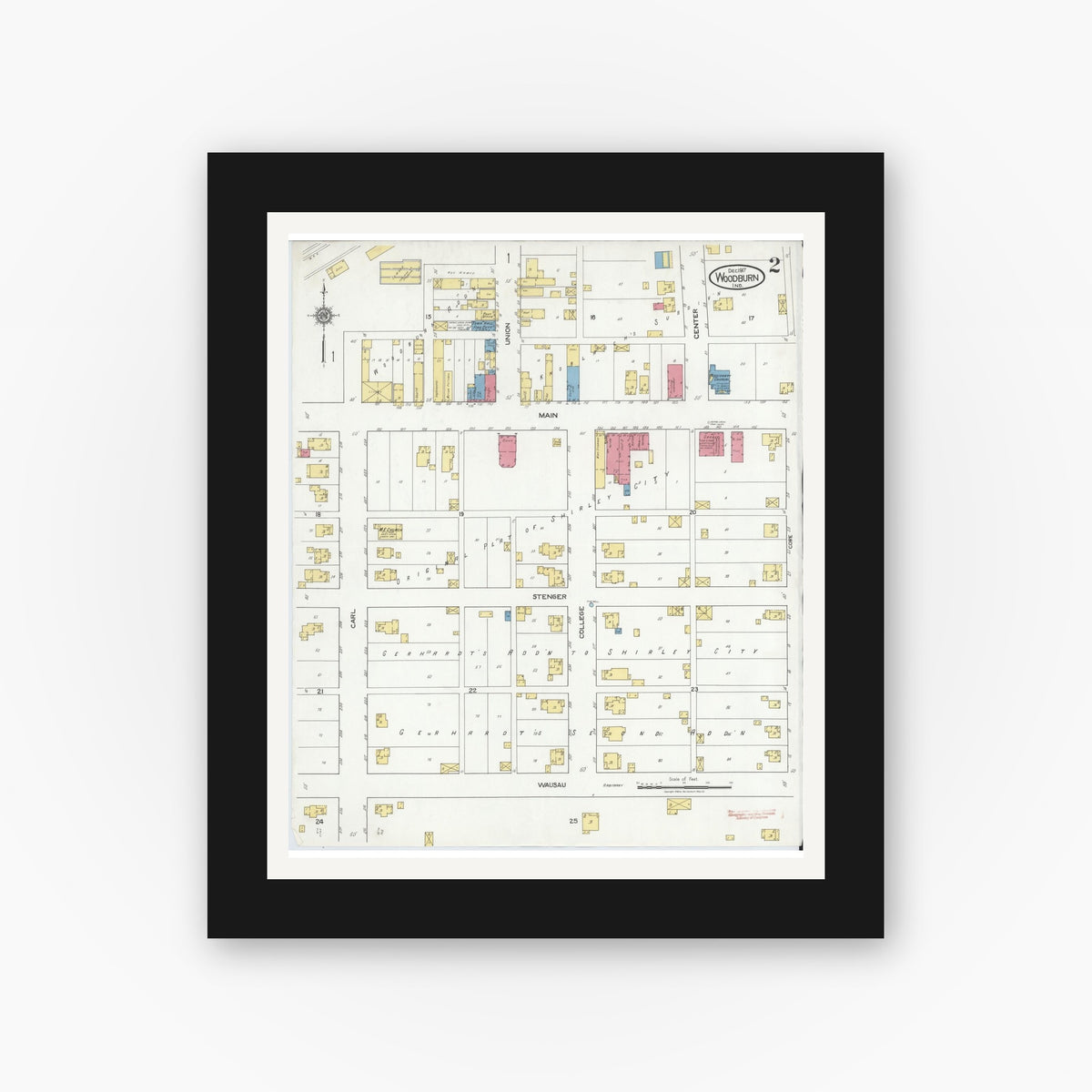 Old map wall art mockup — black gallery frame with white mat — Sanborn Fire Insurance Map from Woodburn, Allen County, Indiana (1917), Sheet #0002