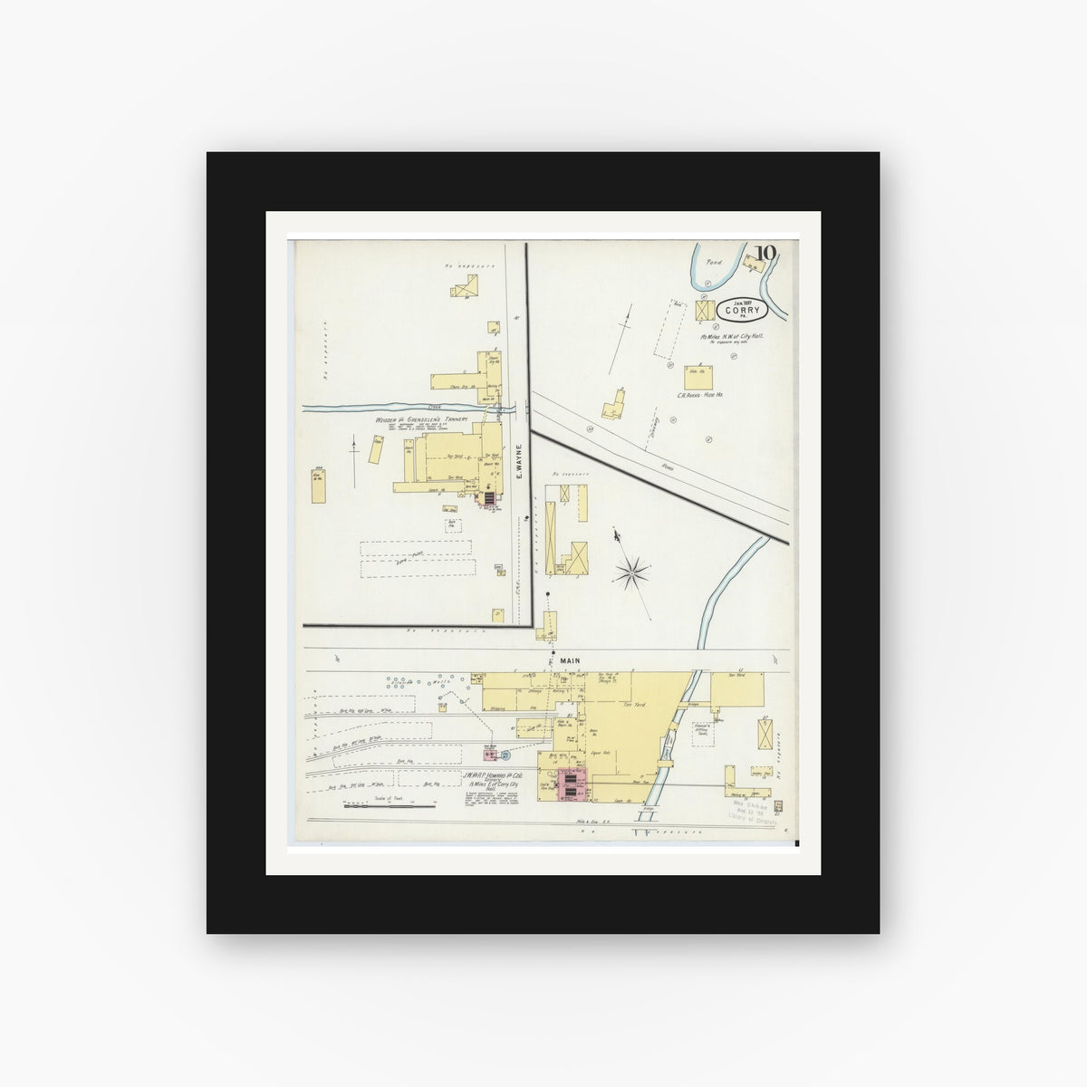 Old map wall art mockup — black gallery frame with white mat — Sanborn Fire Insurance Map from Corry, Erie County, Pennsylvania (1897), Sheet #0010