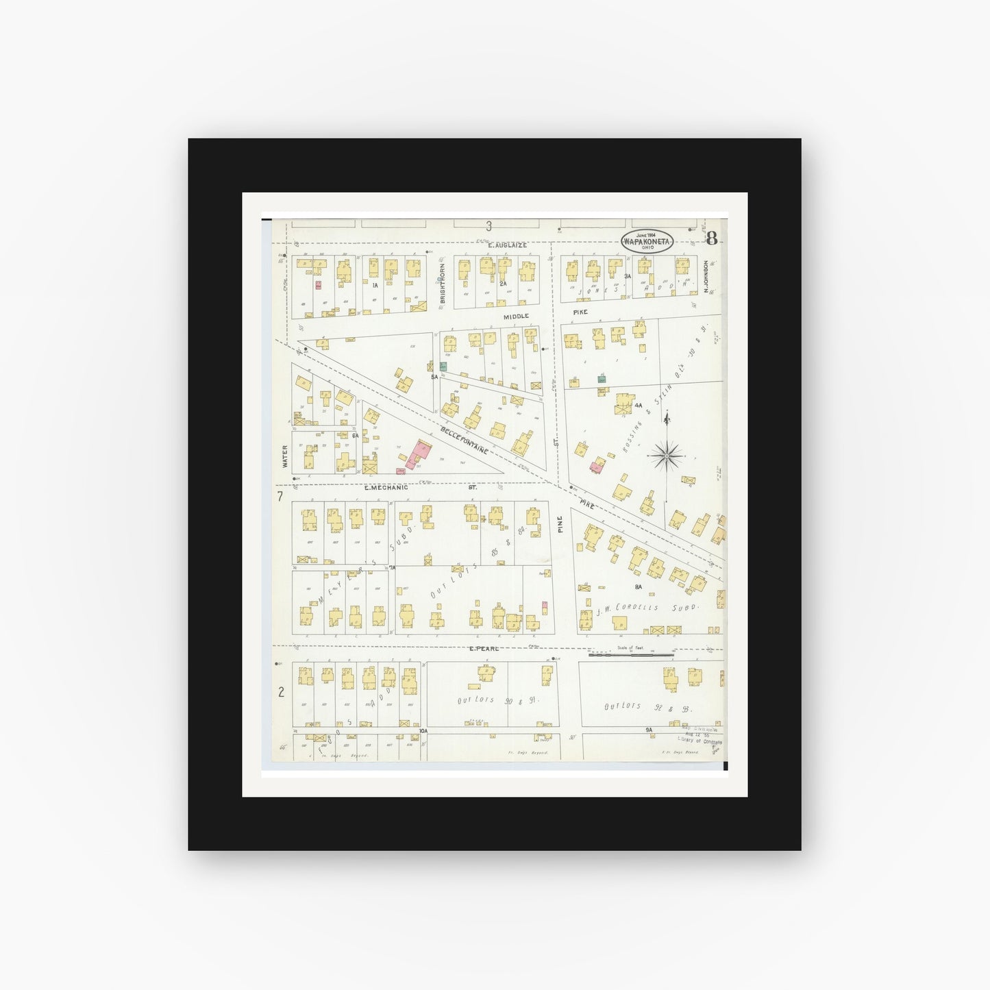 Old map wall art mockup — black gallery frame with white mat — Sanborn Fire Insurance Map from Wapakoneta, Auglaize County, Ohio (1904), Sheet #0008