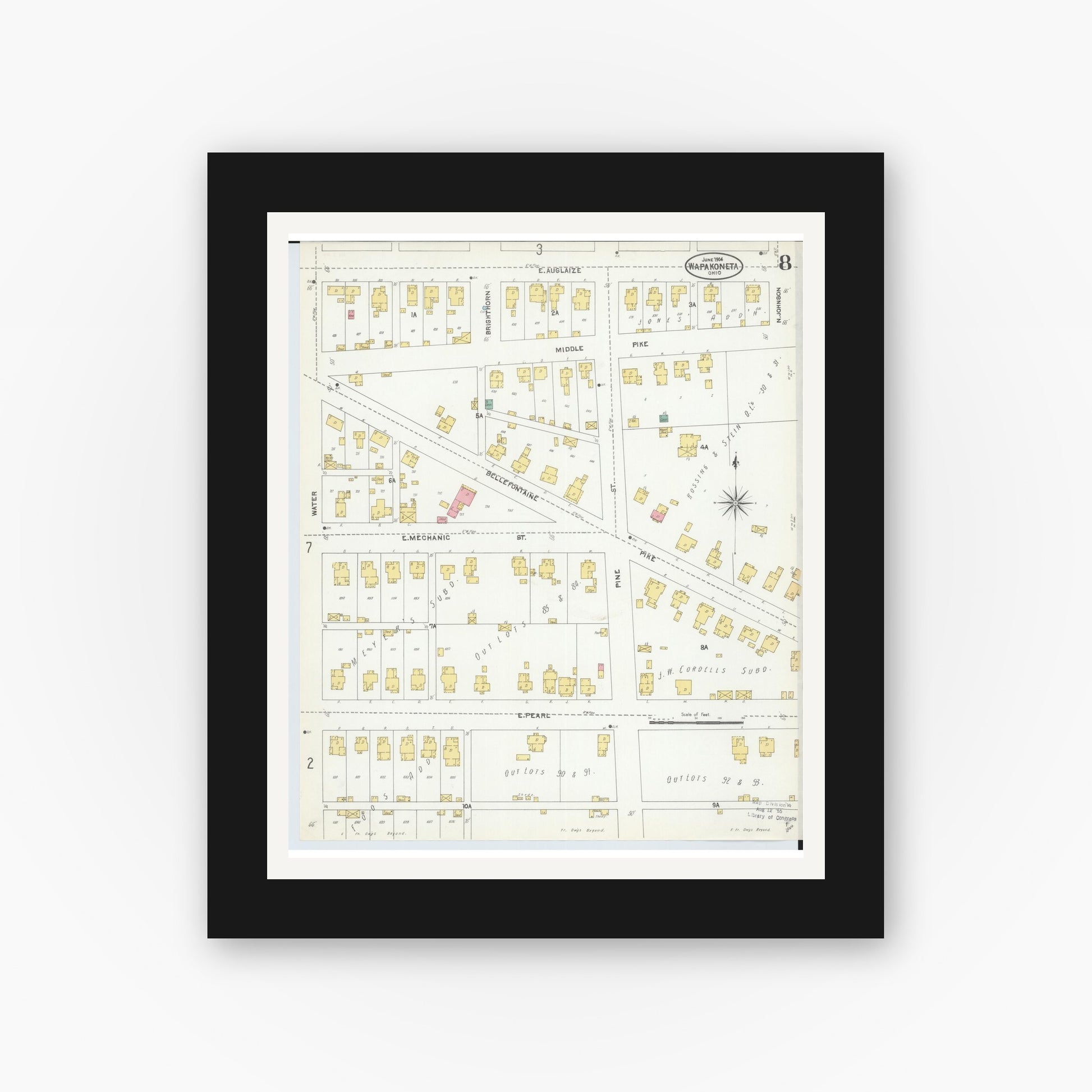 Old map wall art mockup — black gallery frame with white mat — Sanborn Fire Insurance Map from Wapakoneta, Auglaize County, Ohio (1904), Sheet #0008