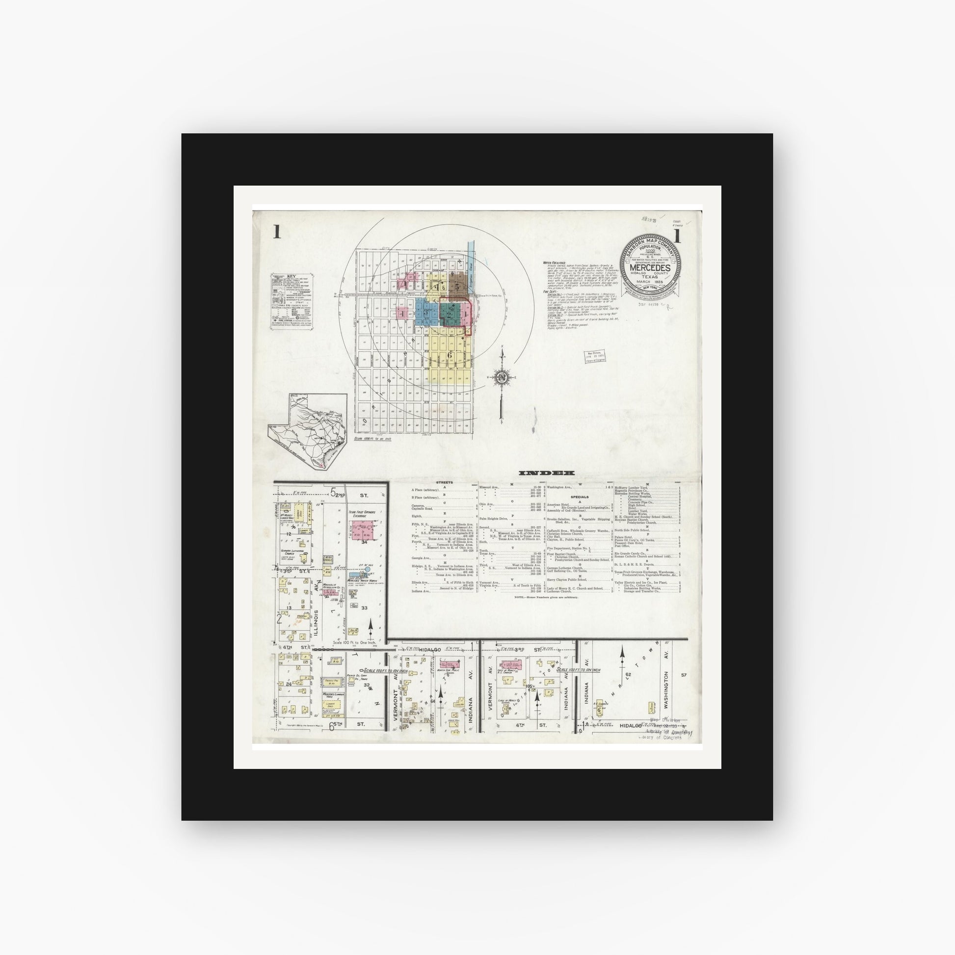 Old map wall art mockup — black gallery frame with white mat — Sanborn Fire Insurance Map from Mercedes, Hidalgo County, Texas (1925) - Complete Map Set