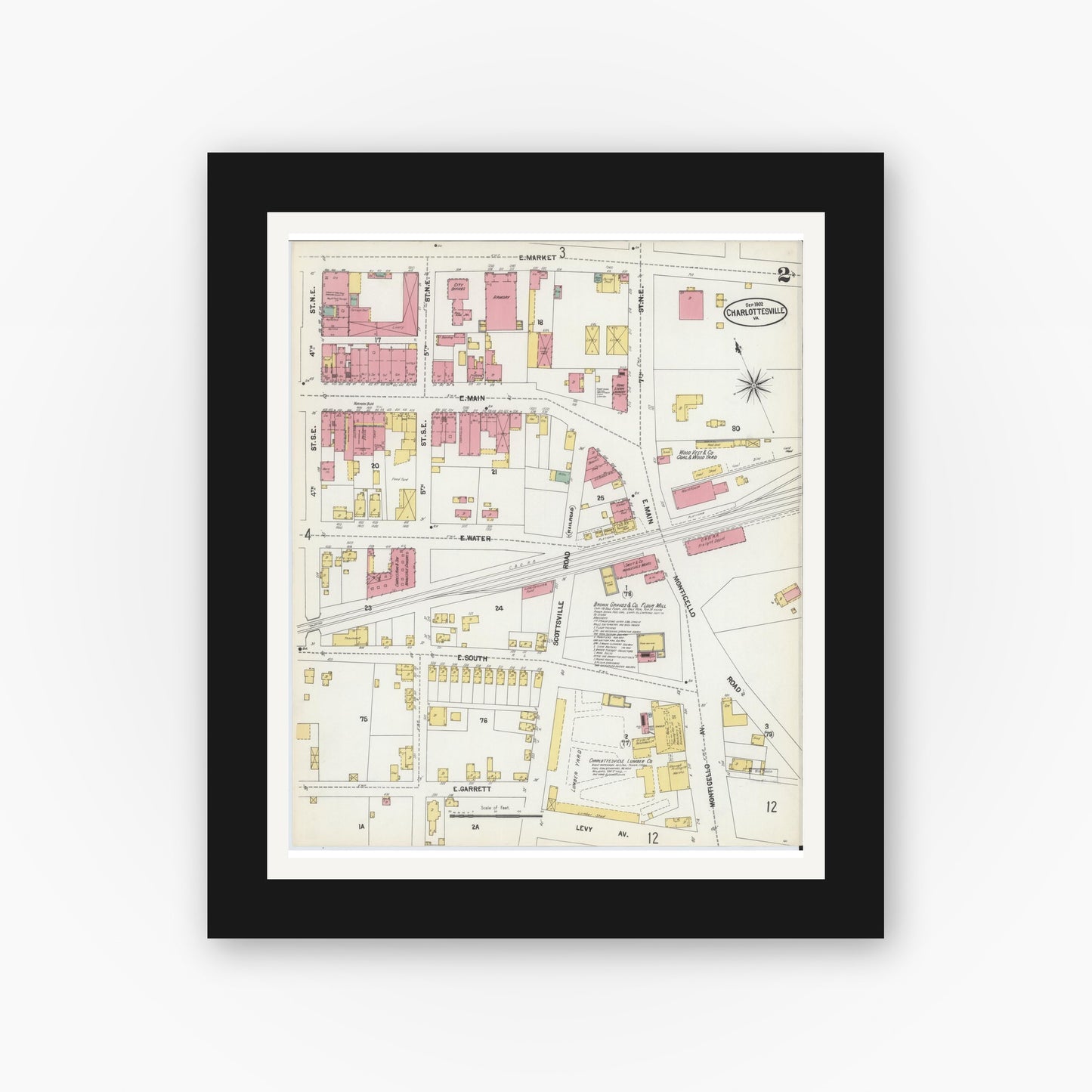 Old map wall art mockup — black gallery frame with white mat — Sanborn Fire Insurance Map from Charlottesville, Independent Cities, Virginia (1902), Sheet #0002