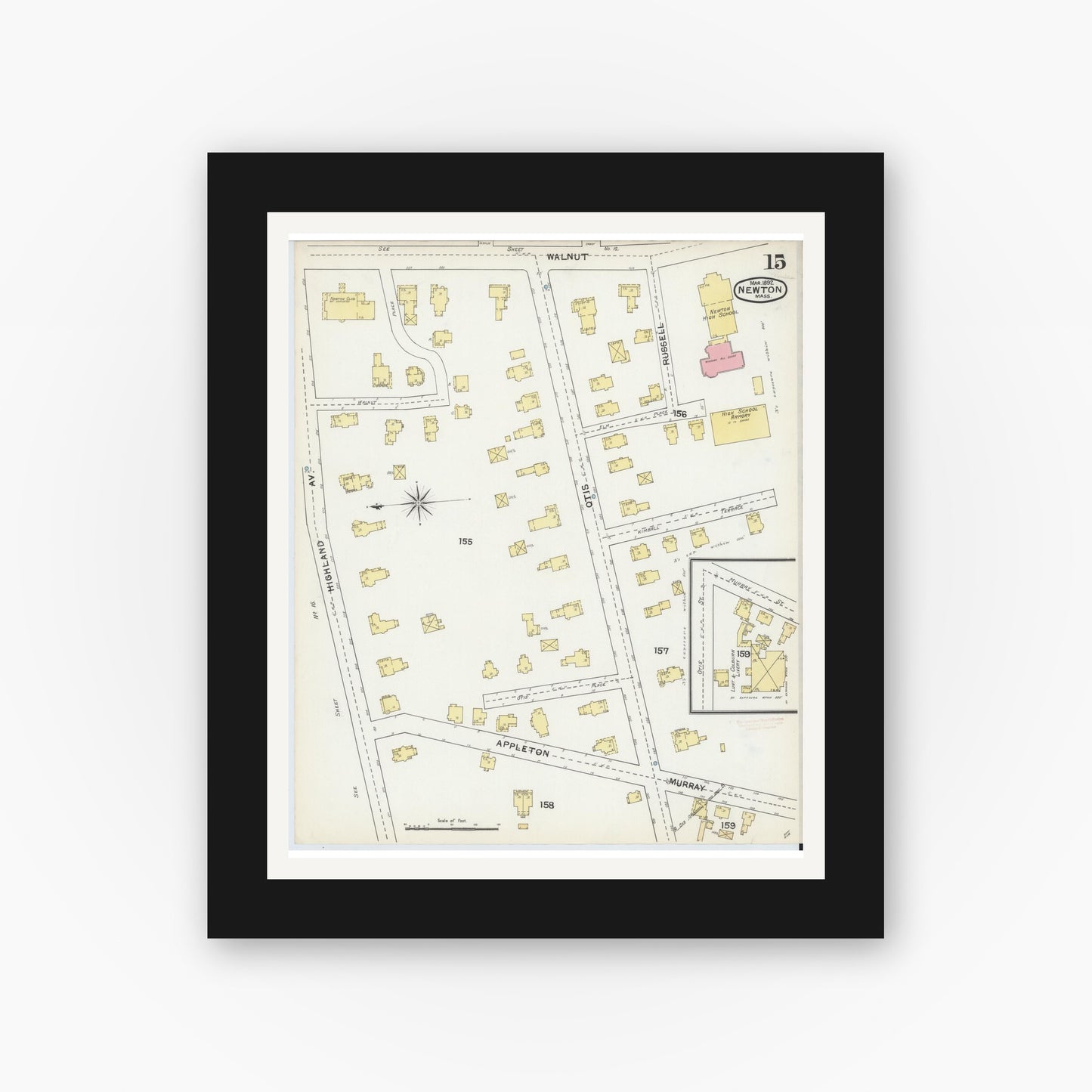 Old map wall art mockup — black gallery frame with white mat — Sanborn Fire Insurance Map from Newton, Middlesex County, Massachusetts (1892), Sheet #0015