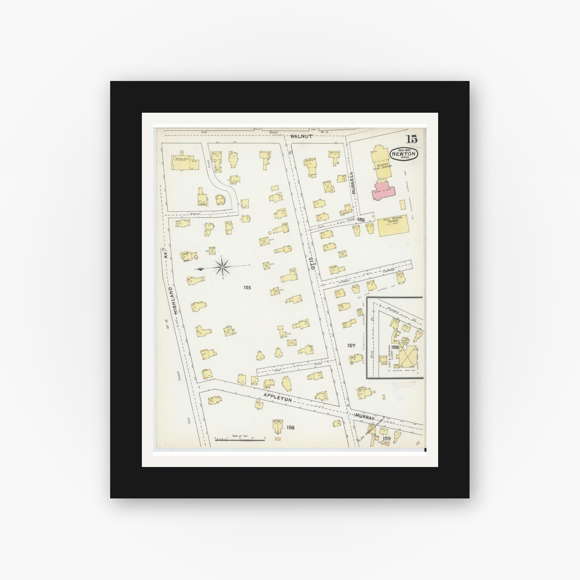 Old map wall art mockup — black gallery frame with white mat — Sanborn Fire Insurance Map from Newton, Middlesex County, Massachusetts (1892), Sheet #0015