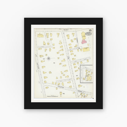 Old map wall art mockup — black gallery frame with white mat — Sanborn Fire Insurance Map from Newton, Middlesex County, Massachusetts (1892), Sheet #0015