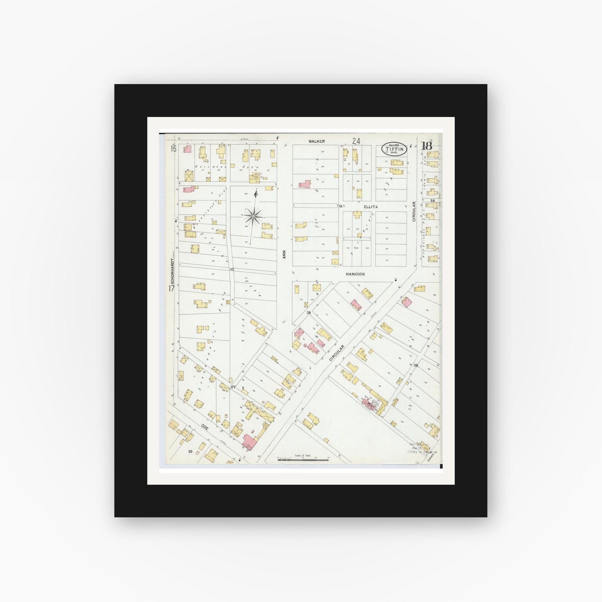 Old map wall art mockup — black gallery frame with white mat — Sanborn Fire Insurance Map from Tiffin, Seneca County, Ohio (1901), Sheet #0018