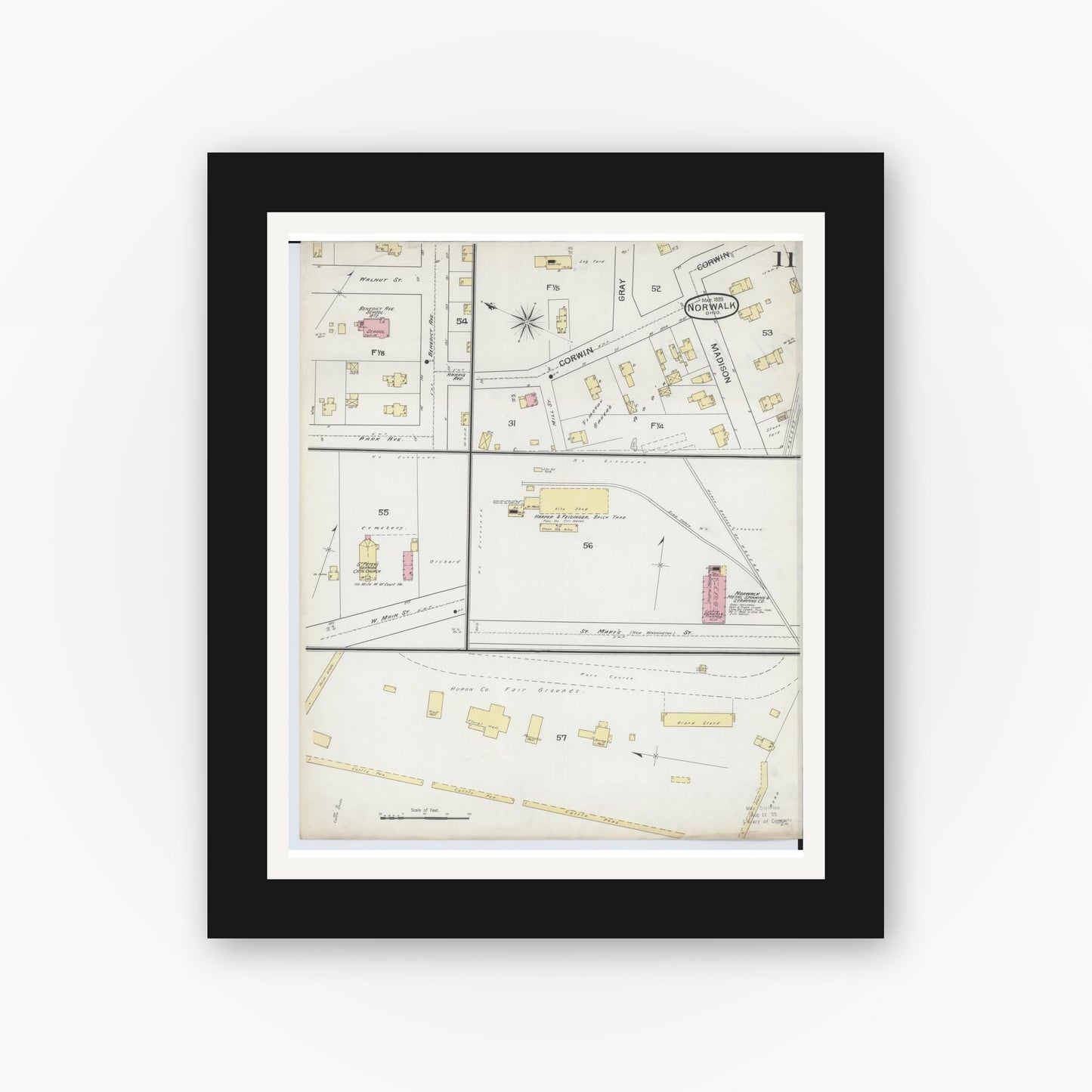 Old map wall art mockup — black gallery frame with white mat — Sanborn Fire Insurance Map from Norwalk, Huron County, Ohio (1893), Sheet #0011