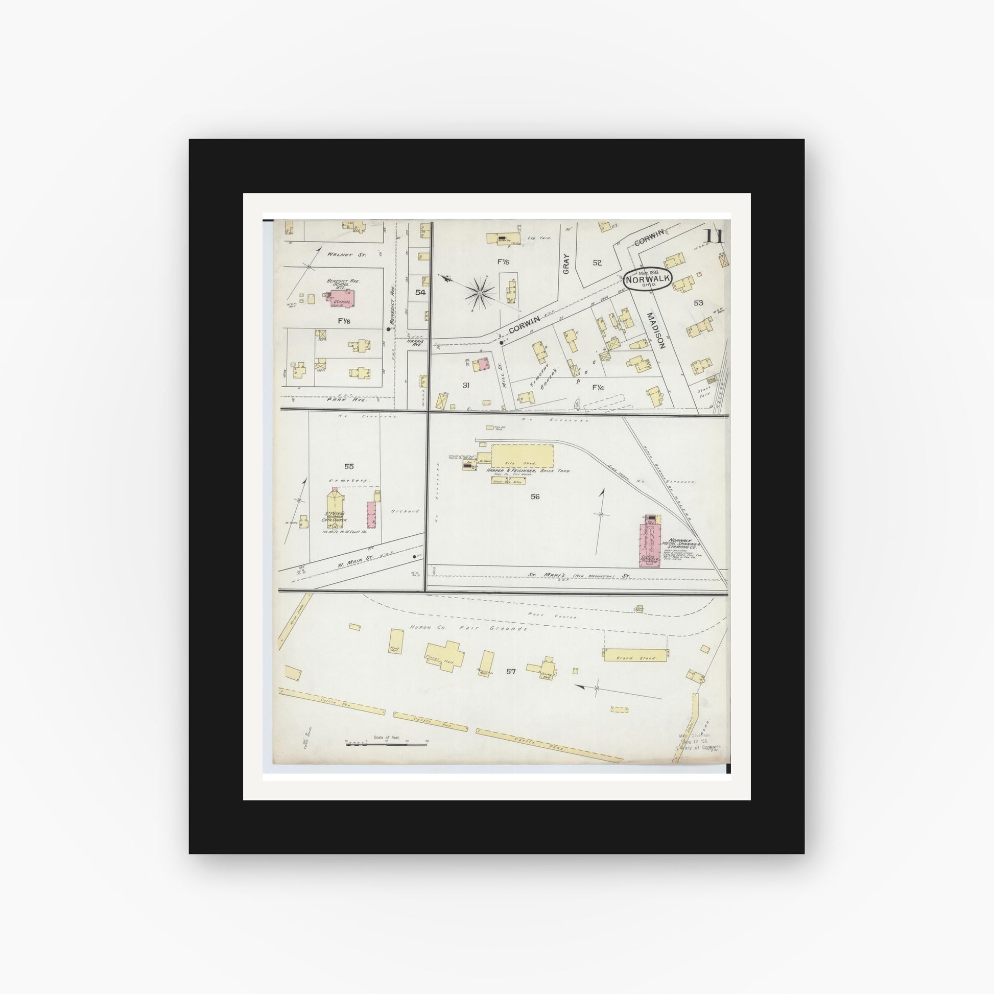 Old map wall art mockup — black gallery frame with white mat — Sanborn Fire Insurance Map from Norwalk, Huron County, Ohio (1893), Sheet #0011