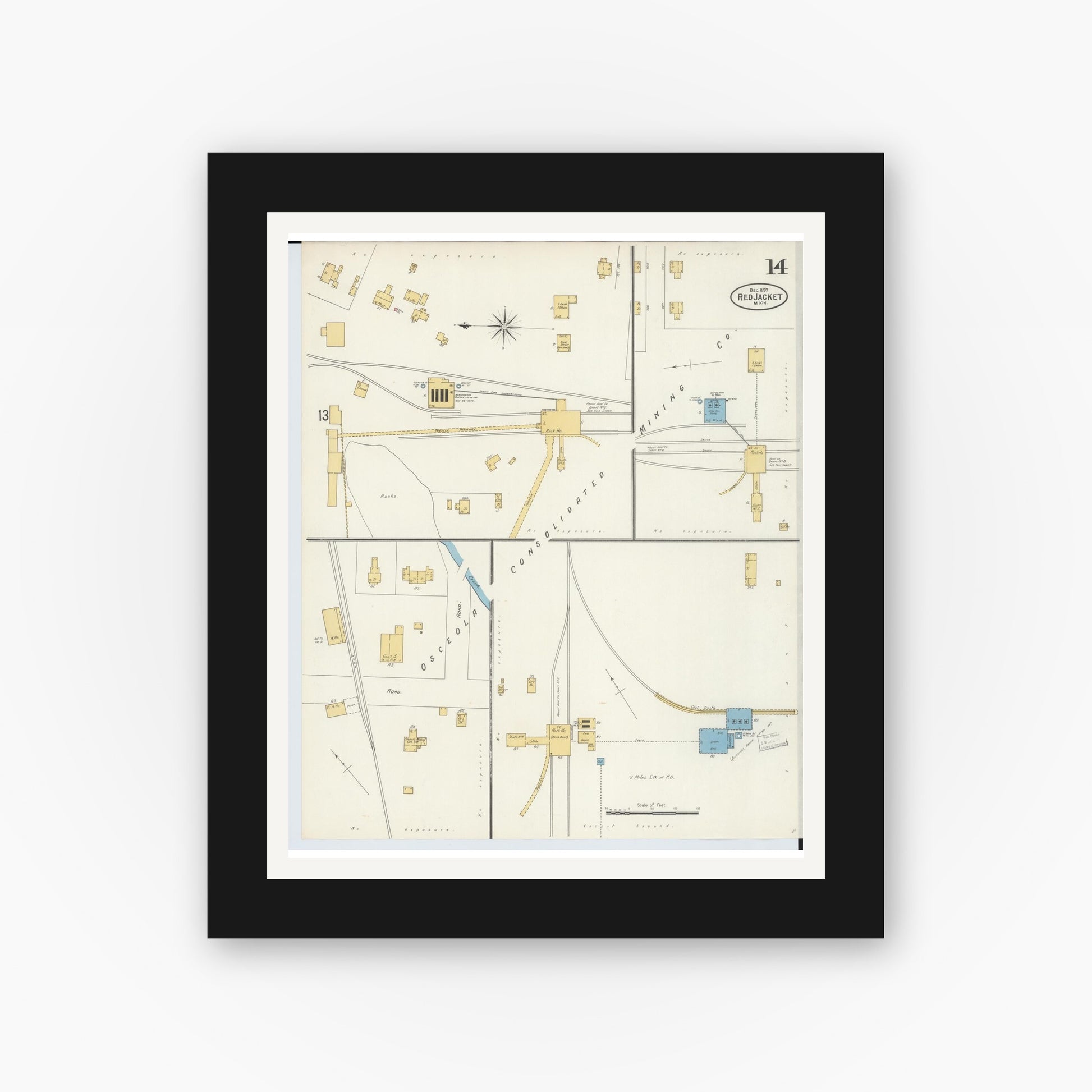 Old map wall art mockup — black gallery frame with white mat — Sanborn Fire Insurance Map from Red Jacket, Houghton County, Michigan (1897), Sheet #0014