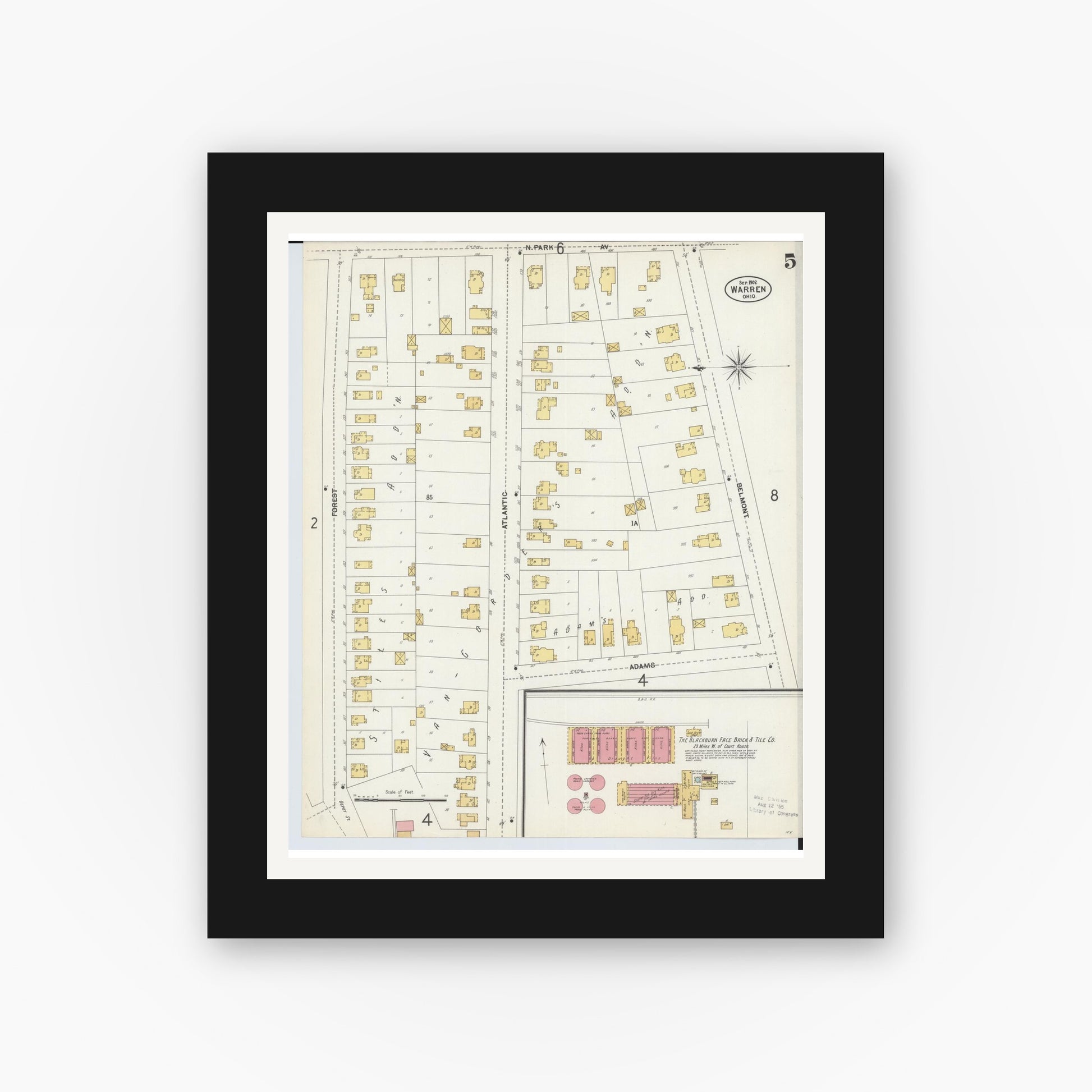 Old map wall art mockup — black gallery frame with white mat — Sanborn Fire Insurance Map from Warren, Trumbull County, Ohio (1902), Sheet #0005