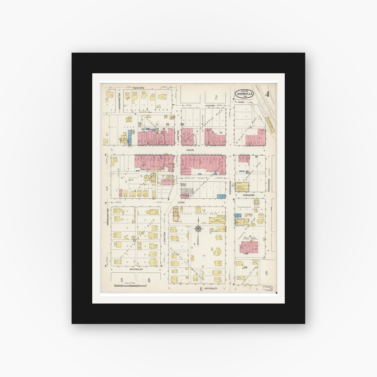 Old map wall art mockup — black gallery frame with white mat — Sanborn Fire Insurance Map from Jasonville, Greene County, Indiana (1915), Sheet #0004