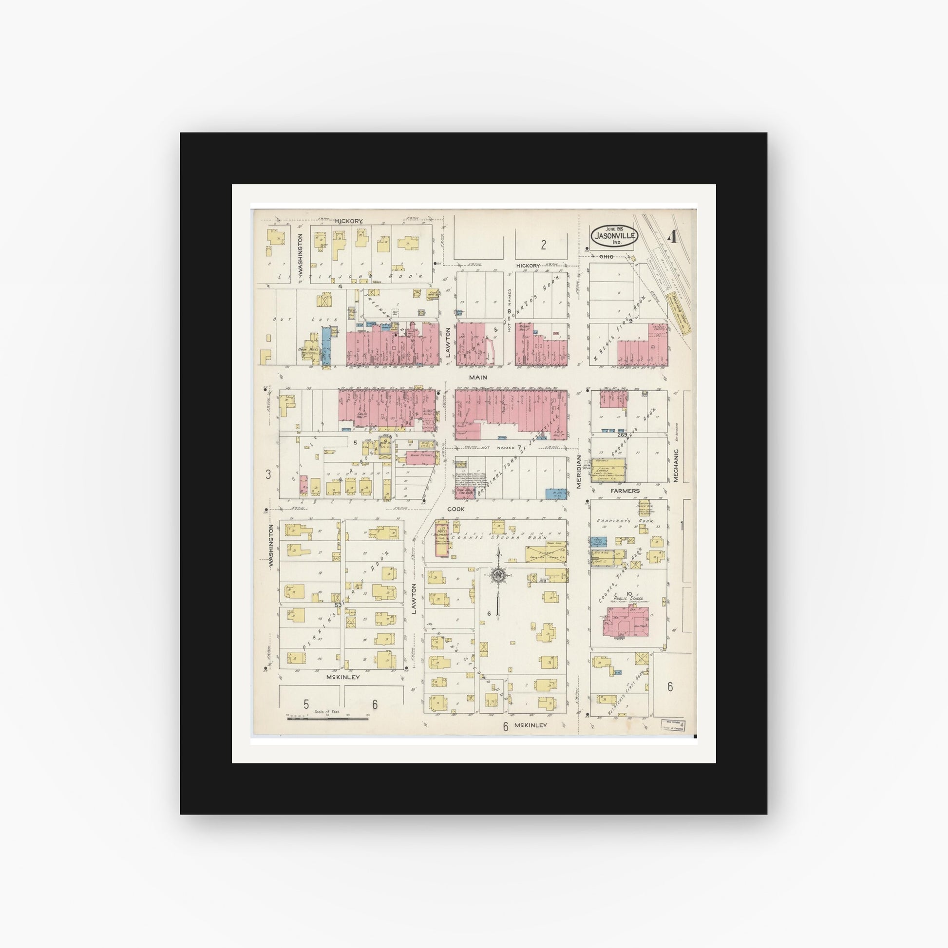 Old map wall art mockup — black gallery frame with white mat — Sanborn Fire Insurance Map from Jasonville, Greene County, Indiana (1915), Sheet #0004