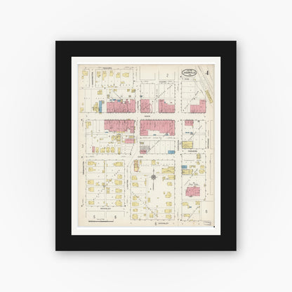 Old map wall art mockup — black gallery frame with white mat — Sanborn Fire Insurance Map from Jasonville, Greene County, Indiana (1915), Sheet #0004