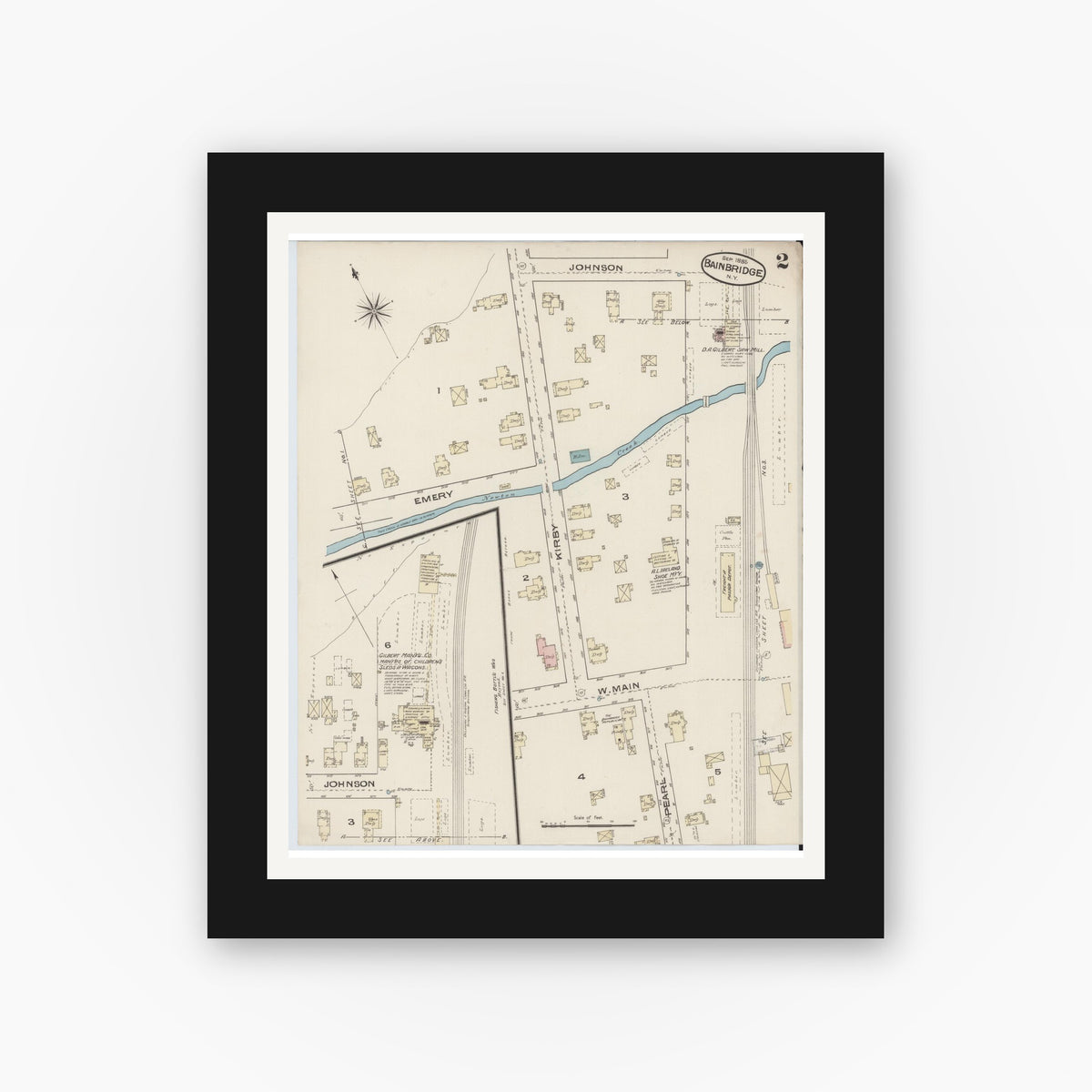 Old map wall art mockup — black gallery frame with white mat — Sanborn Fire Insurance Map from Bainbridge, Chenango County, New York (1885), Sheet #0002