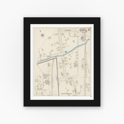Old map wall art mockup — black gallery frame with white mat — Sanborn Fire Insurance Map from Bainbridge, Chenango County, New York (1885), Sheet #0002