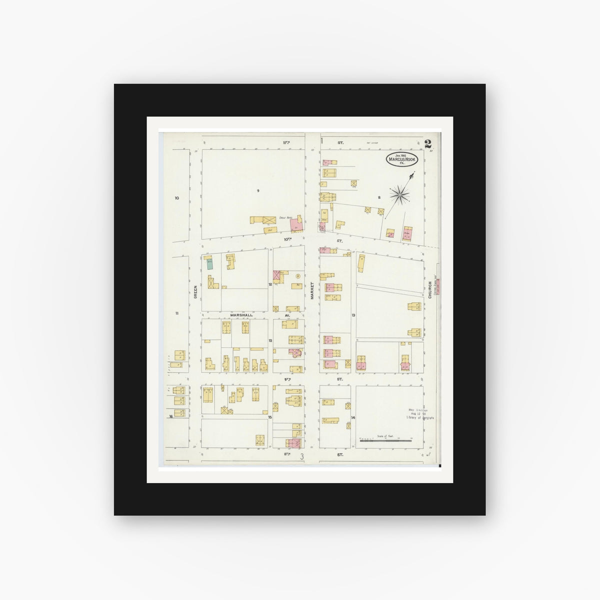 Old map wall art mockup — black gallery frame with white mat — Sanborn Fire Insurance Map from Marcus Hook, Chester County, Pennsylvania (1905), Sheet #0002