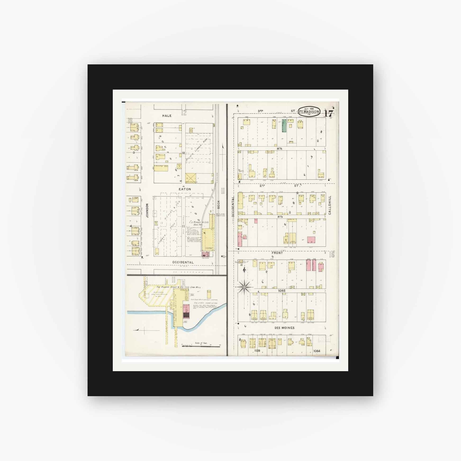 Old map wall art mockup — black gallery frame with white mat — Sanborn Fire Insurance Map from Fort Madison, Lee County, Iowa (1894), Sheet #0017