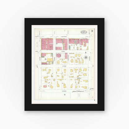 Old map wall art mockup — black gallery frame with white mat — Sanborn Fire Insurance Map from Gainesville, Cooke County, Texas (1908), Sheet #0005
