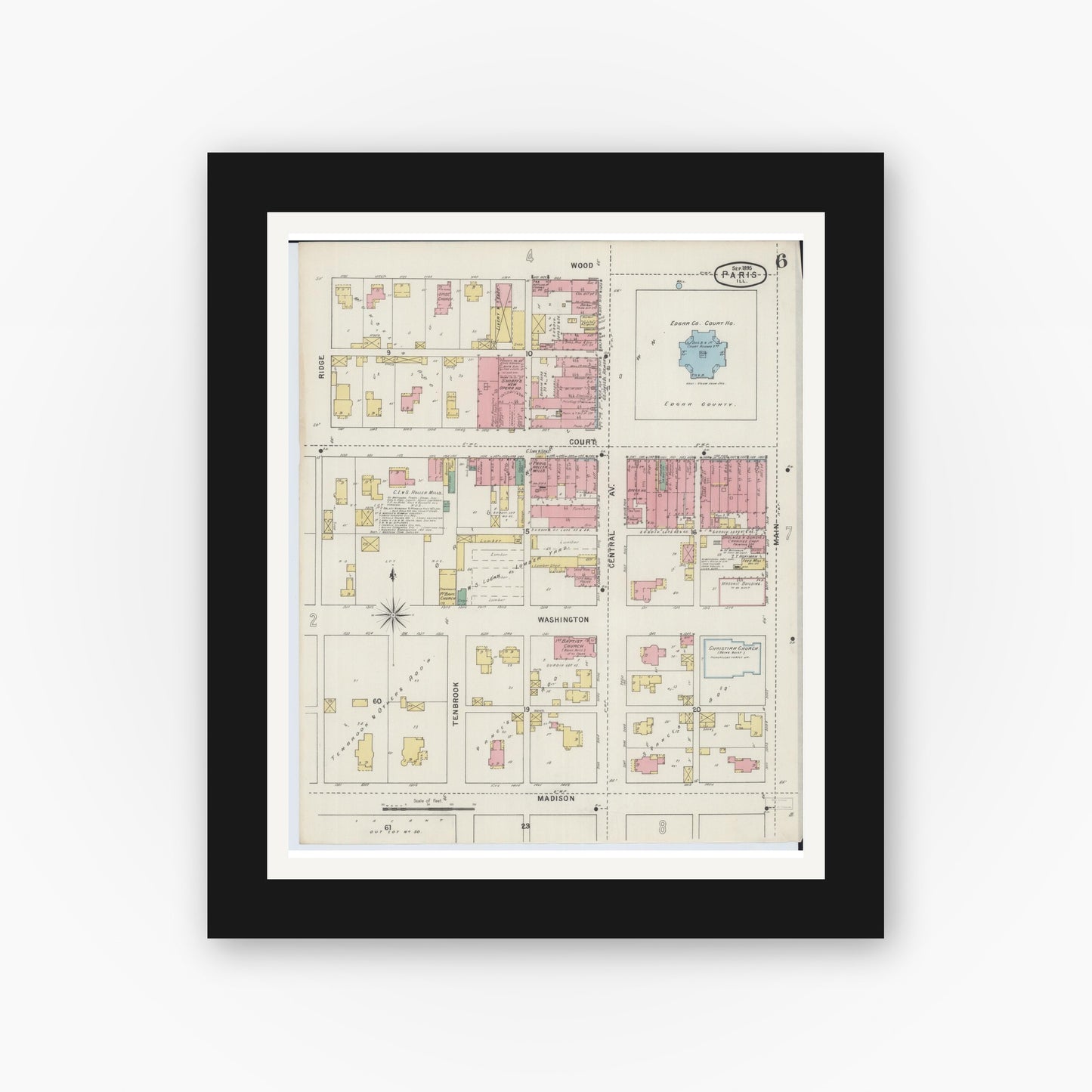 Old map wall art mockup — black gallery frame with white mat — Sanborn Fire Insurance Map from Paris, Edgar County, Illinois (1895), Sheet #0006