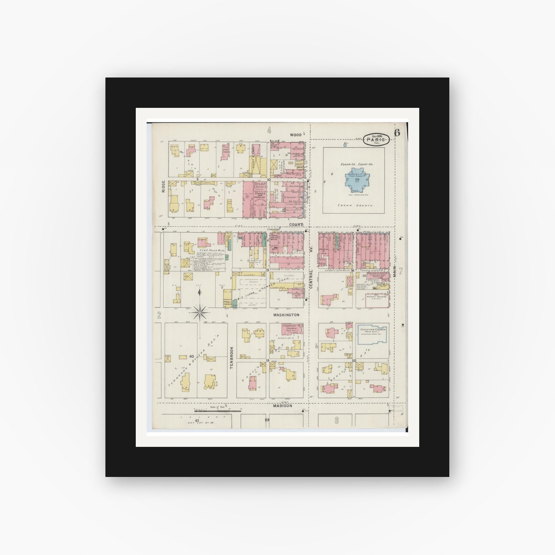 Old map wall art mockup — black gallery frame with white mat — Sanborn Fire Insurance Map from Paris, Edgar County, Illinois (1895), Sheet #0006