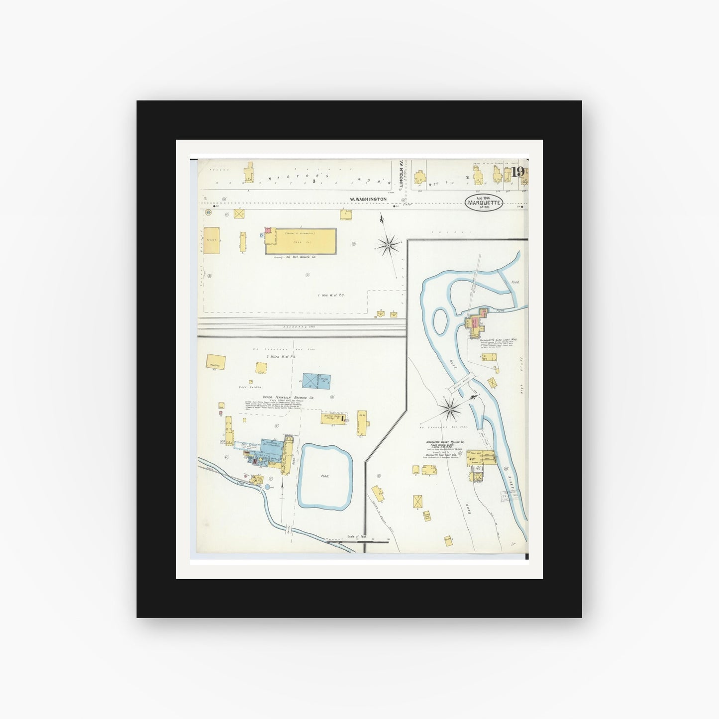 Old map wall art mockup — black gallery frame with white mat — Sanborn Fire Insurance Map from Marquette, Marquette County, Michigan (1904), Sheet #0019