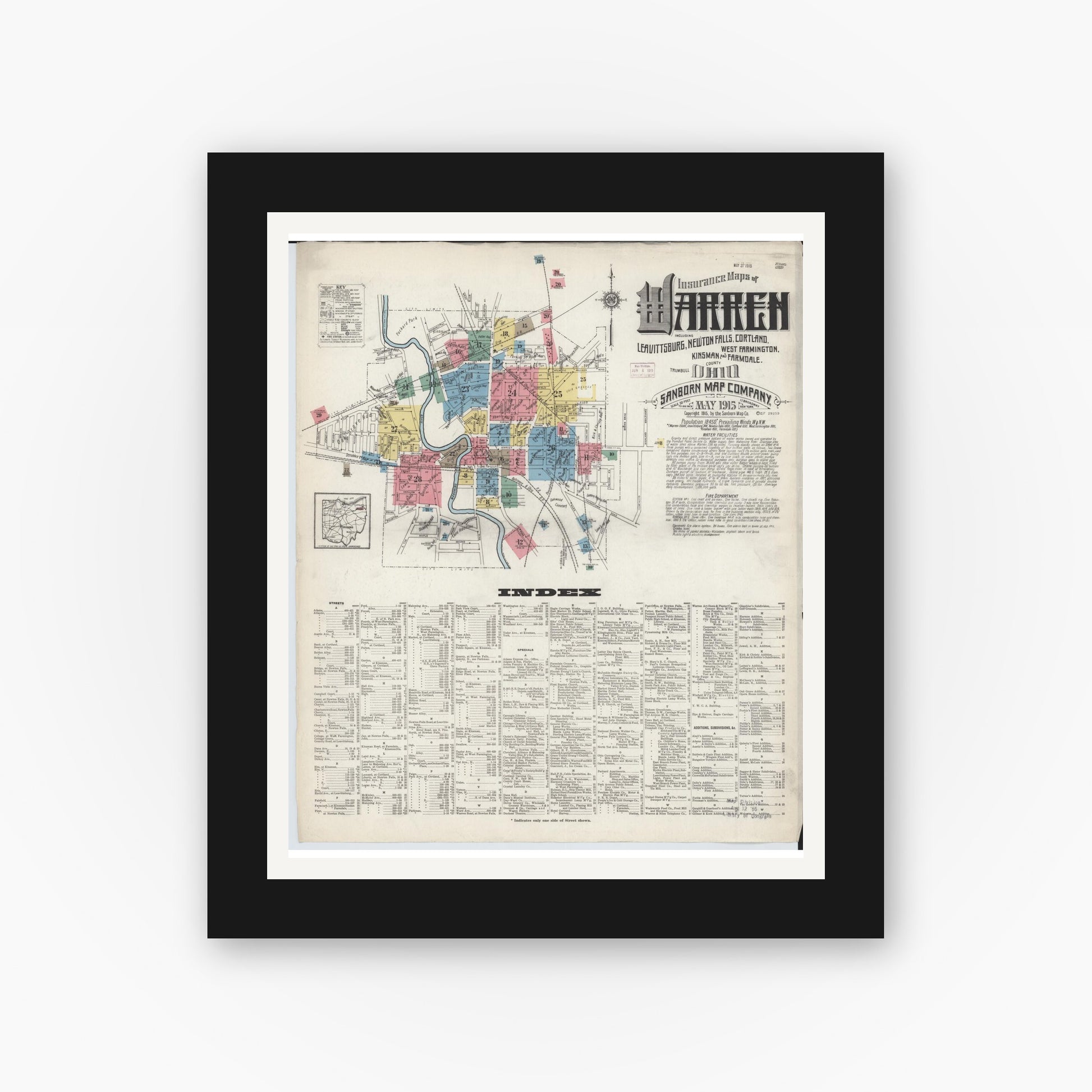 Old map wall art mockup — black gallery frame with white mat — Sanborn Fire Insurance Map from Warren, Trumbull County, Ohio (1915) - Complete Map Set