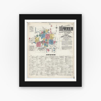 Old map wall art mockup — black gallery frame with white mat — Sanborn Fire Insurance Map from Warren, Trumbull County, Ohio (1915) - Complete Map Set