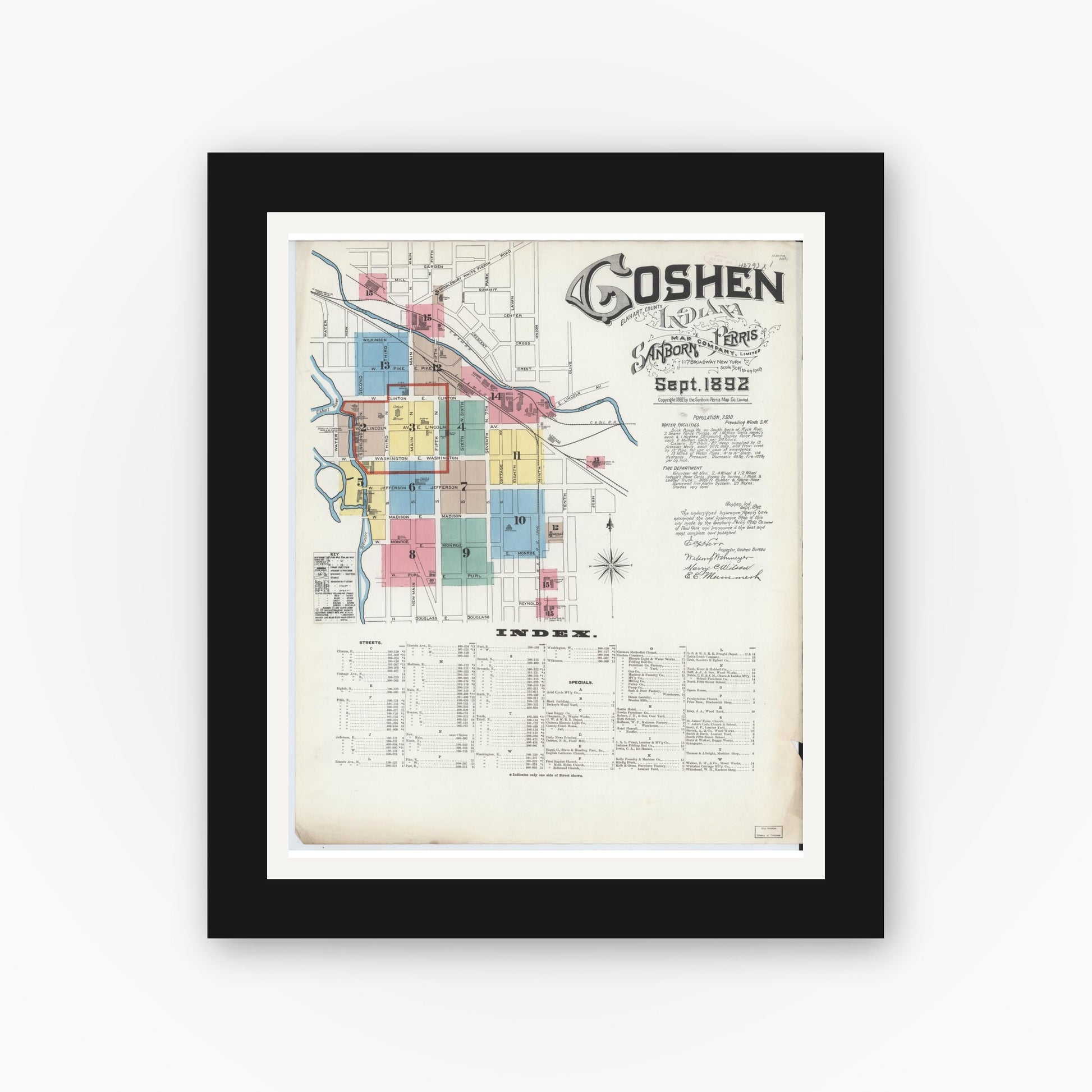 Old map wall art mockup — black gallery frame with white mat — Sanborn Fire Insurance Map from Goshen, Elkhart County, Indiana (1892), Sheet #0001