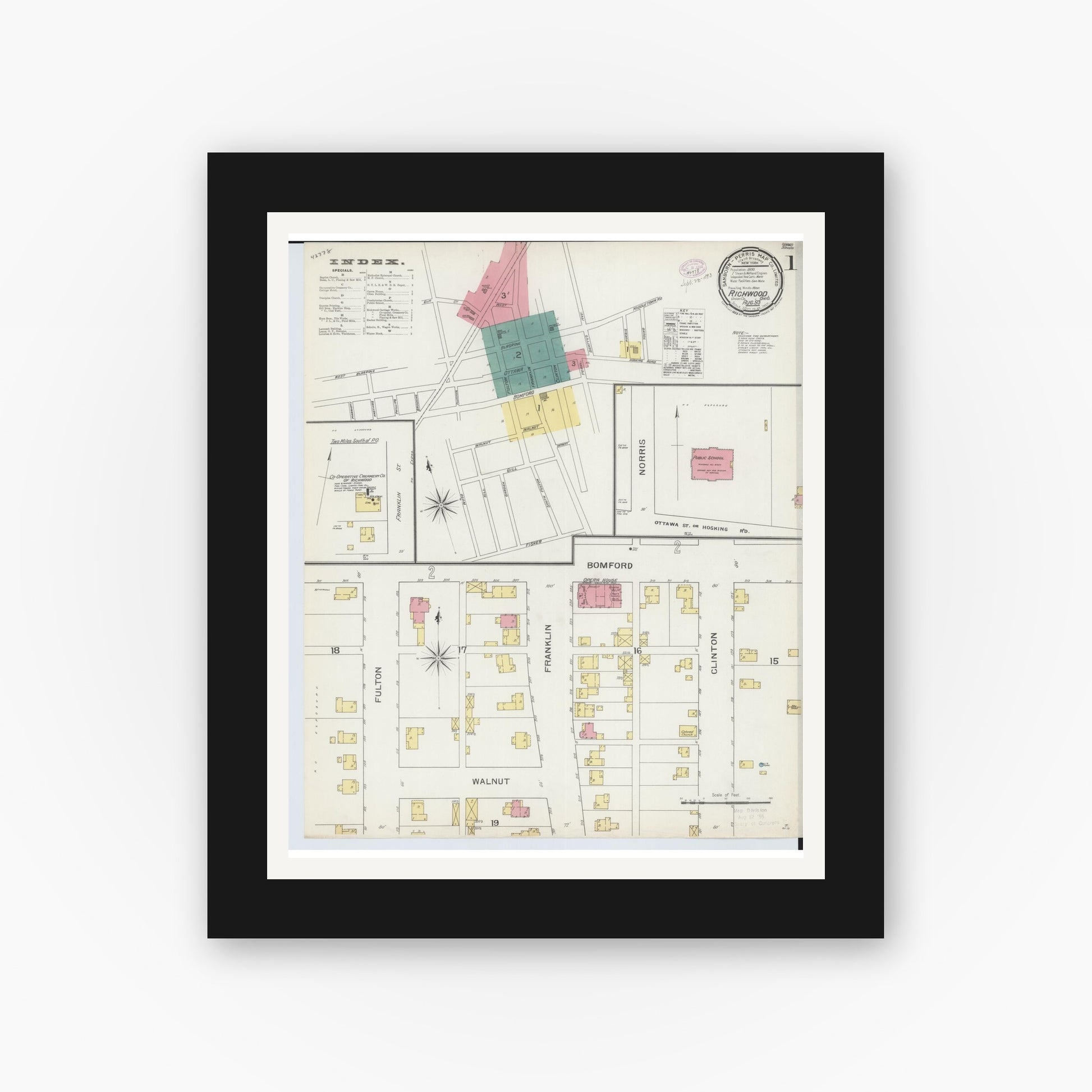 Old map wall art mockup — black gallery frame with white mat — Sanborn Fire Insurance Map from Richwood, Union County, Ohio (1893), Sheet #0001