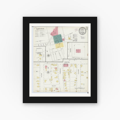 Old map wall art mockup — black gallery frame with white mat — Sanborn Fire Insurance Map from Richwood, Union County, Ohio (1893), Sheet #0001