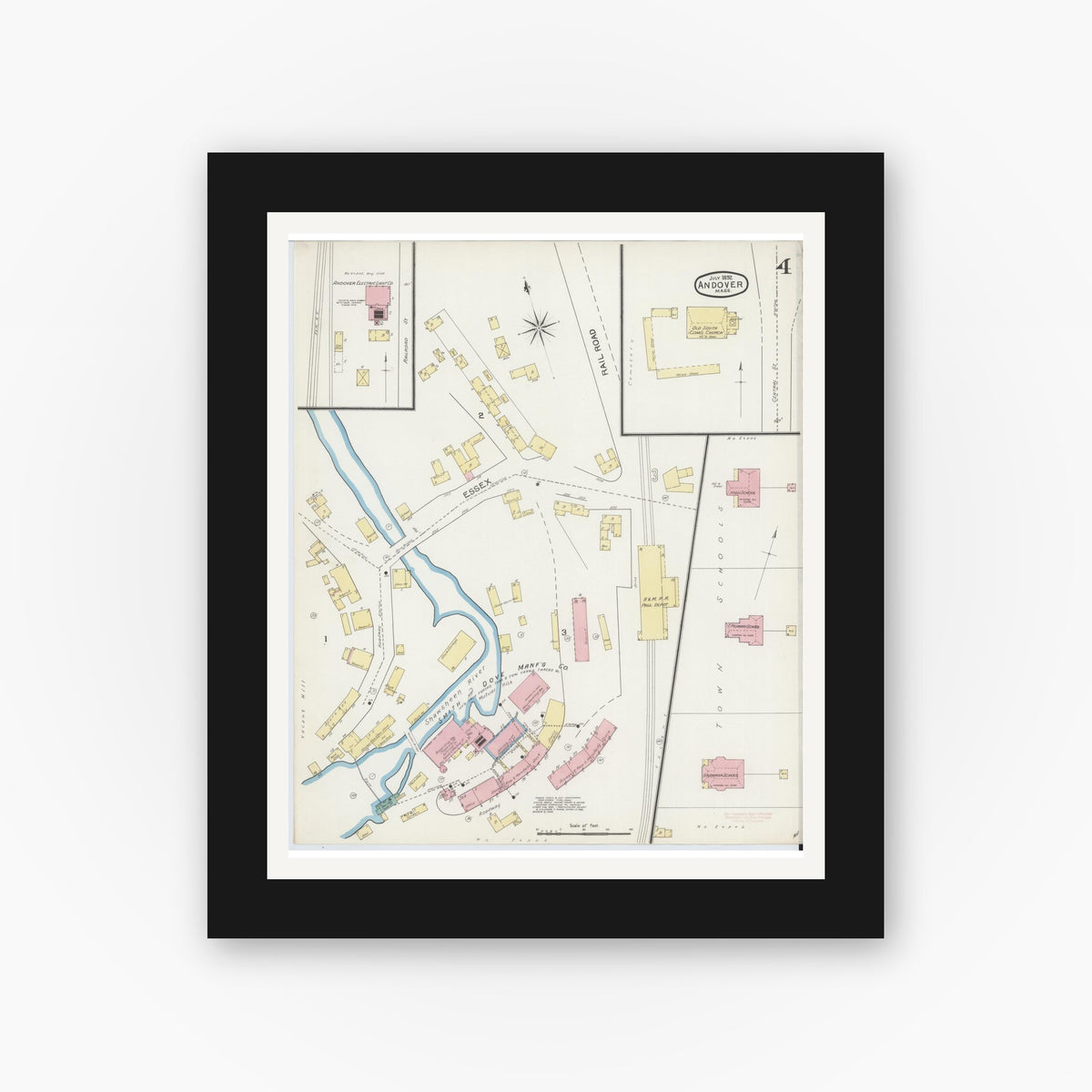 Old map wall art mockup — black gallery frame with white mat — Sanborn Fire Insurance Map from Andover, Essex County, Massachusetts (1892), Sheet #0004