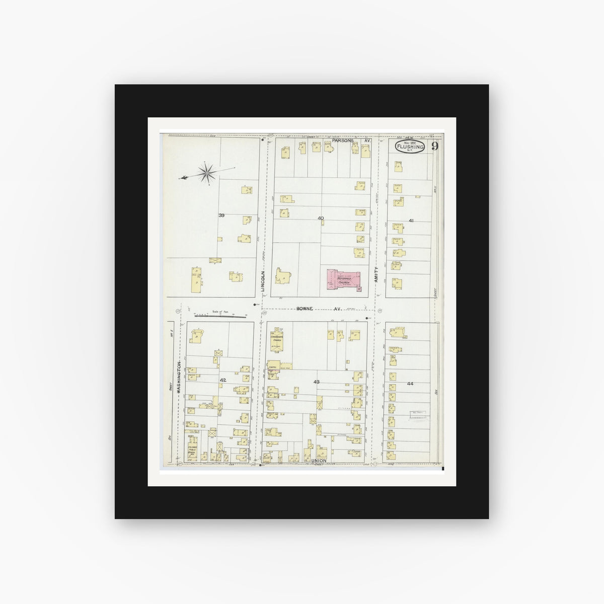 Old map wall art mockup — black gallery frame with white mat — Sanborn Fire Insurance Map from Flushing, Queens County, New York (1892), Sheet #0009