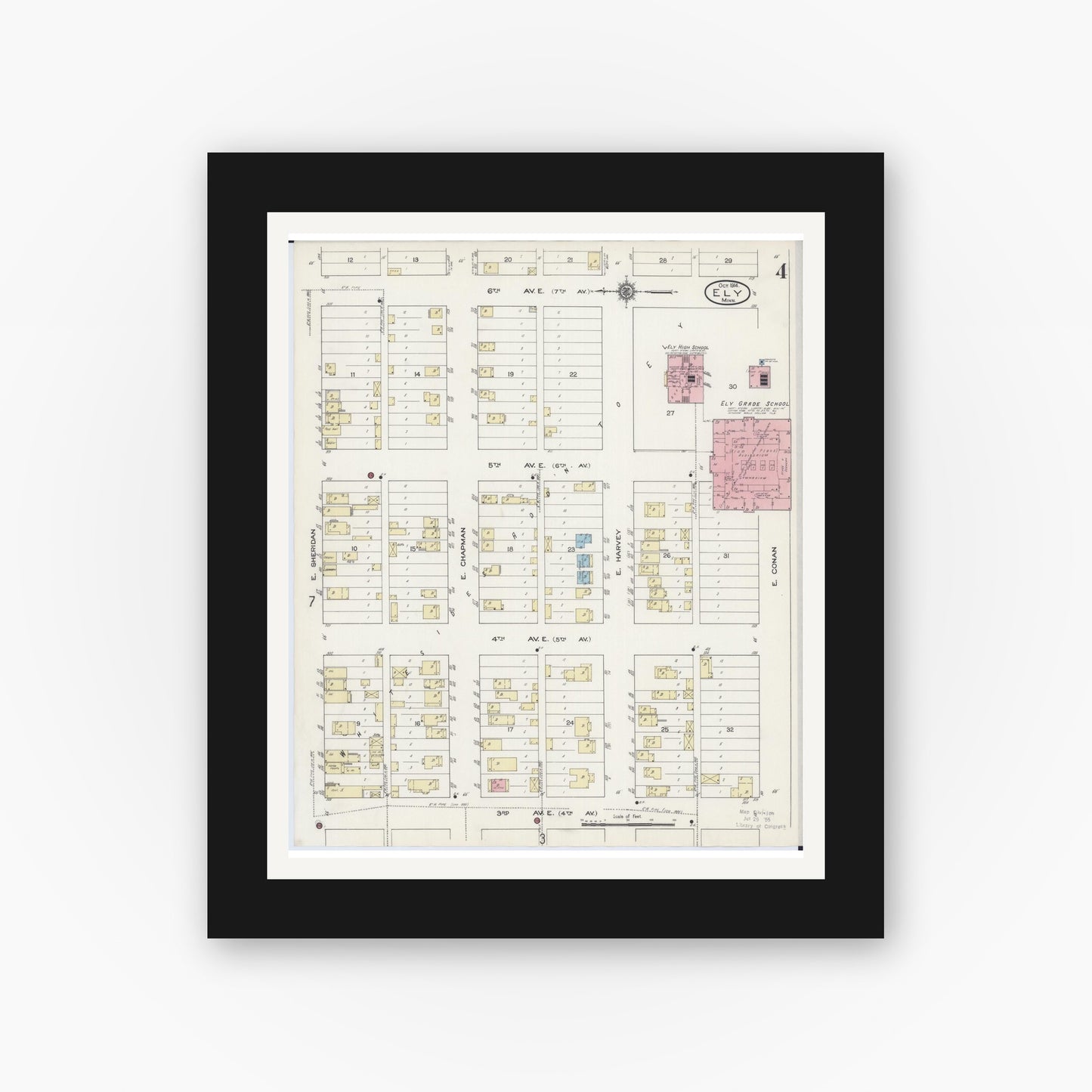 Old map wall art mockup — black gallery frame with white mat — Sanborn Fire Insurance Map from Ely, Saint Louis County, Minnesota (1914), Sheet #0004