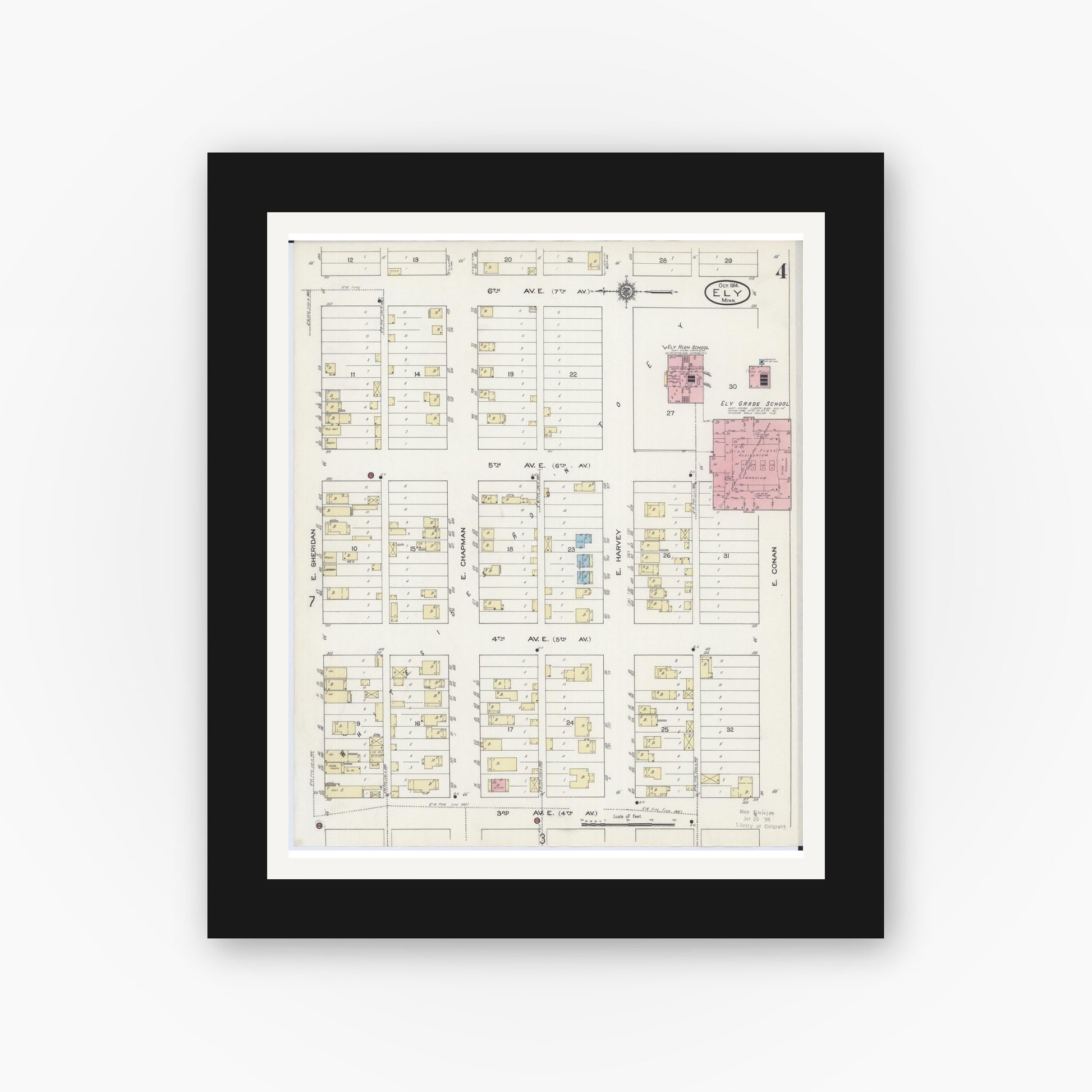 Old map wall art mockup — black gallery frame with white mat — Sanborn Fire Insurance Map from Ely, Saint Louis County, Minnesota (1914), Sheet #0004
