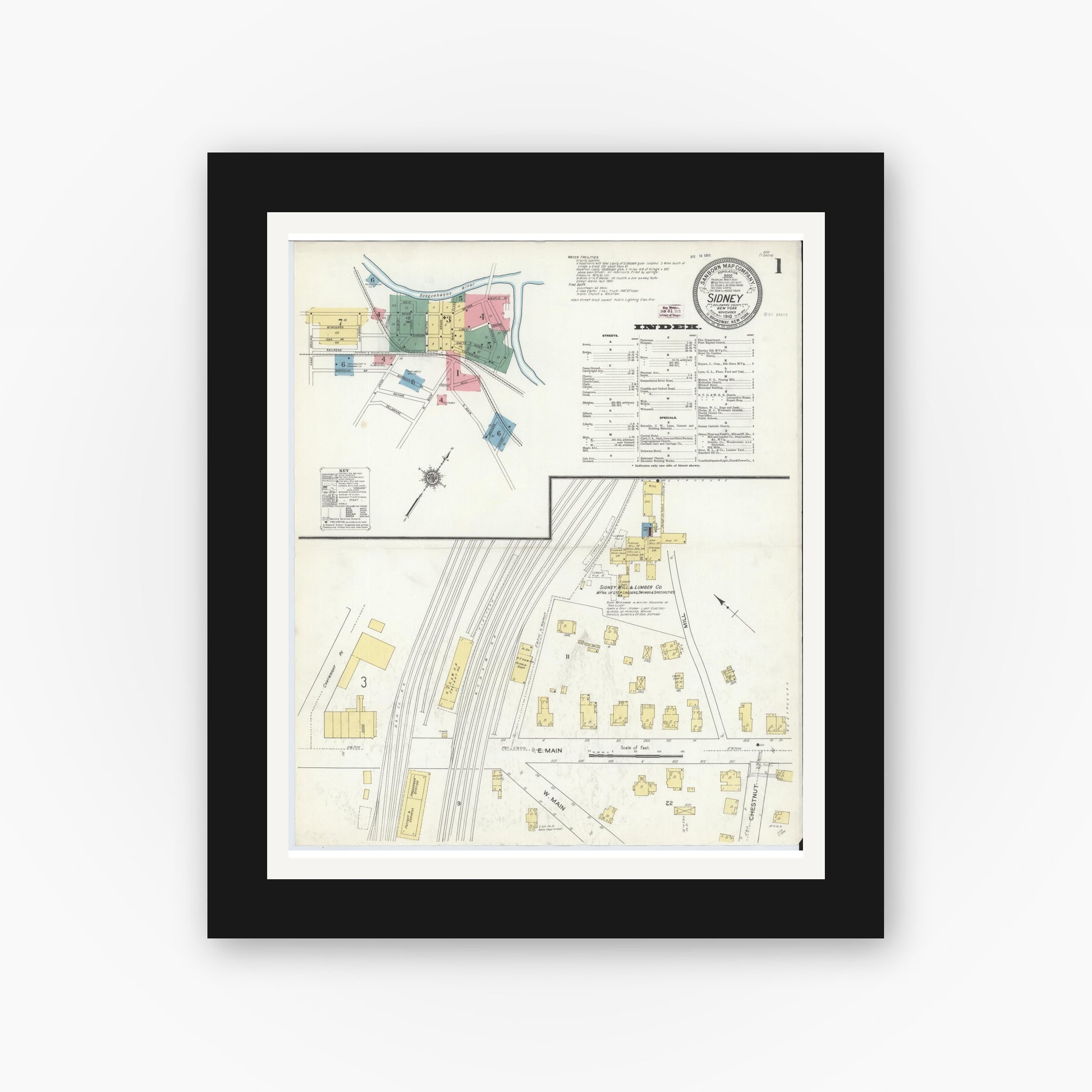 Old map wall art mockup — black gallery frame with white mat — Sanborn Fire Insurance Map from Sidney, Delaware County, New York (1910) - Complete Map Set
