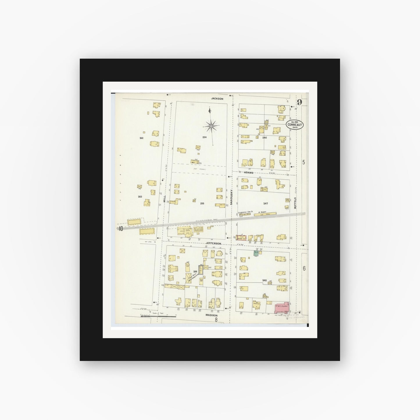 Old map wall art mockup — black gallery frame with white mat — Sanborn Fire Insurance Map from Conneaut, Ashtabula County, Ohio (1902), Sheet #0009