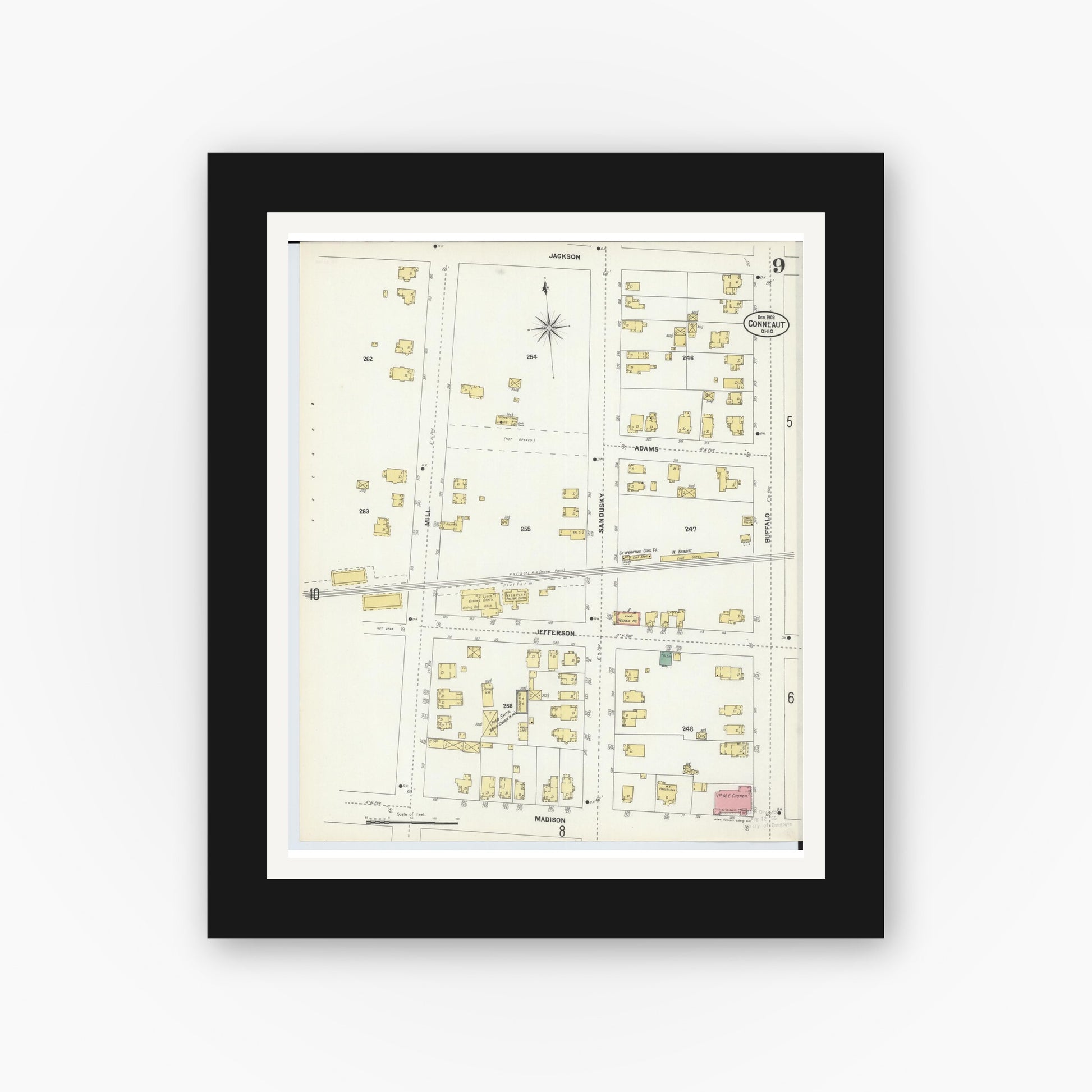 Old map wall art mockup — black gallery frame with white mat — Sanborn Fire Insurance Map from Conneaut, Ashtabula County, Ohio (1902), Sheet #0009