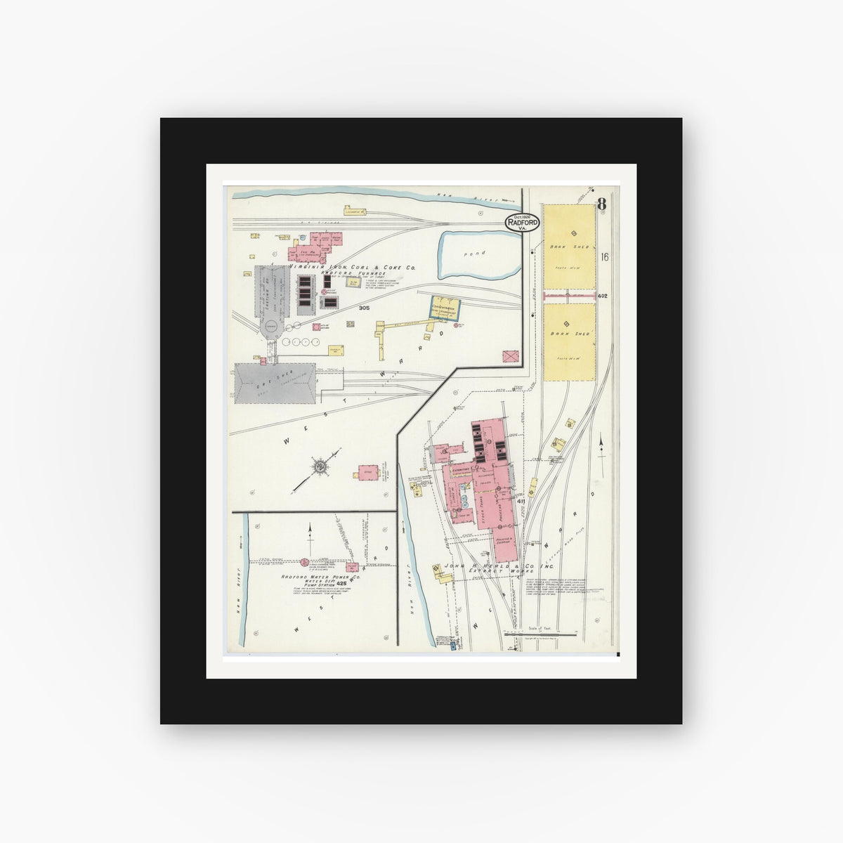 Old map wall art mockup — black gallery frame with white mat — Sanborn Fire Insurance Map from Radford, Independent Cities, Virginia (1920), Sheet #0008