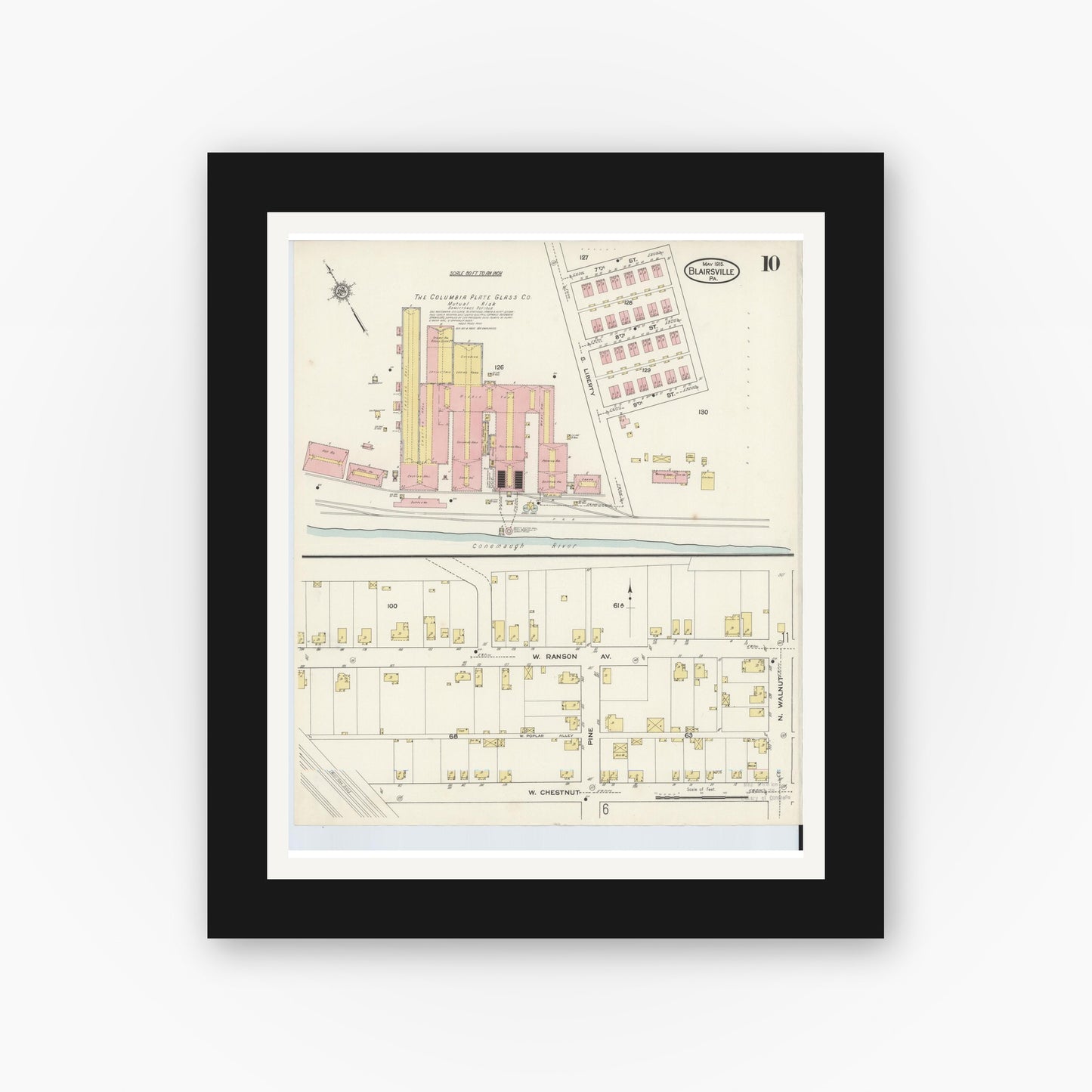 Old map wall art mockup — black gallery frame with white mat — Sanborn Fire Insurance Map from Blairsville, Indiana County, Pennsylvania (1915), Sheet #0010