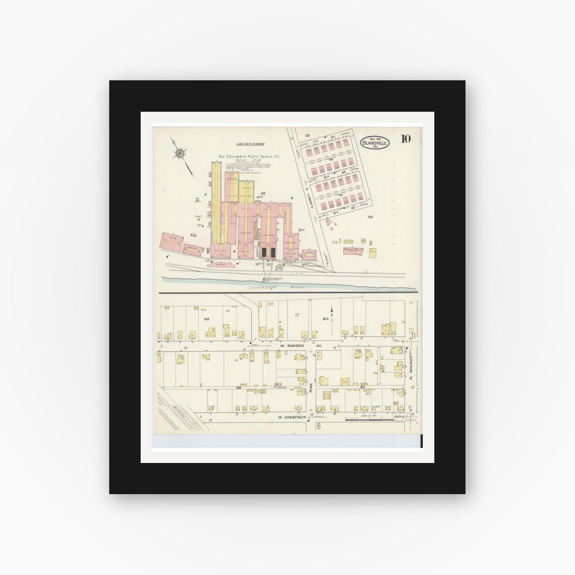 Old map wall art mockup — black gallery frame with white mat — Sanborn Fire Insurance Map from Blairsville, Indiana County, Pennsylvania (1915), Sheet #0010